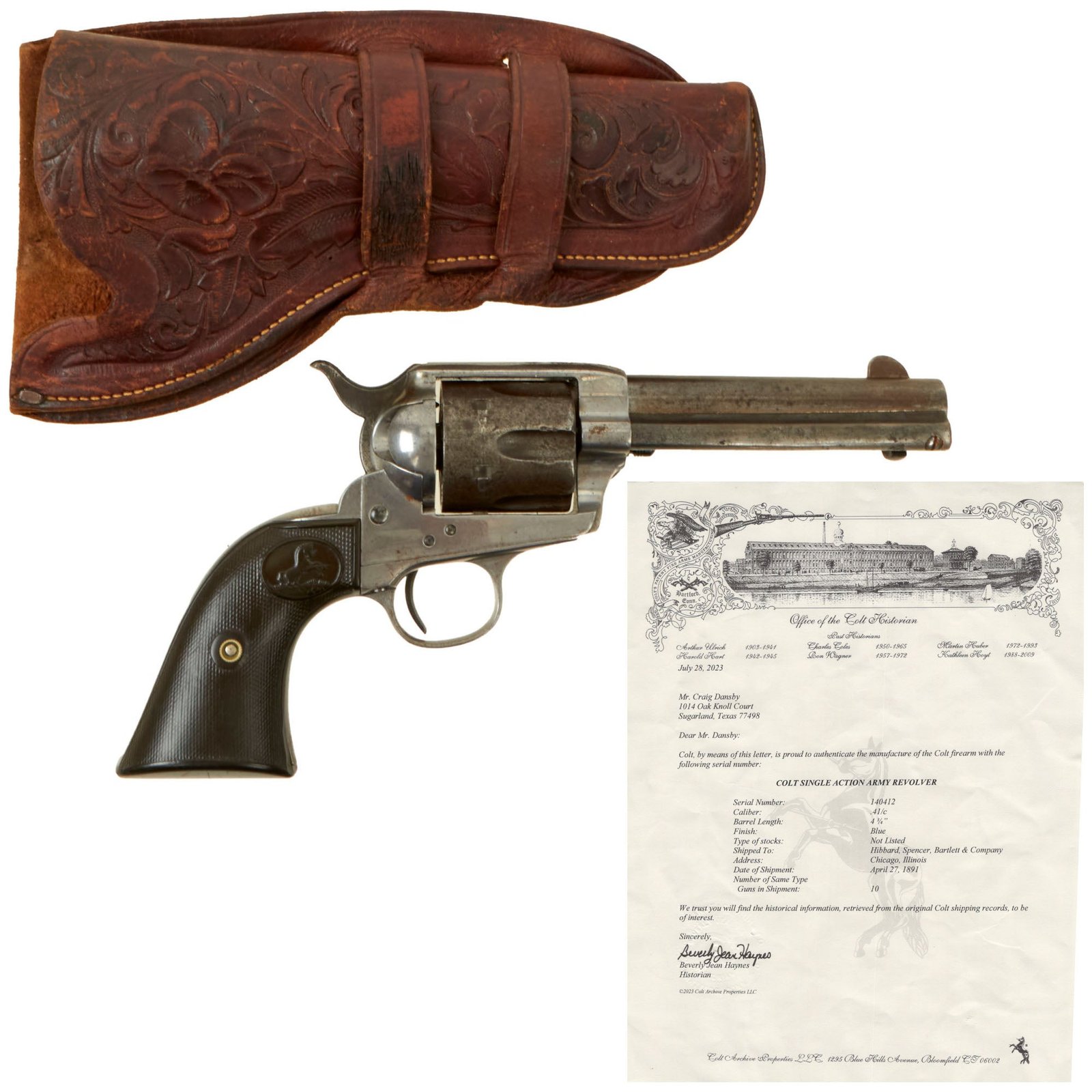 Buy Original U.S. Colt .41cal Single Action Army Revolver made in 1891 with 4 ¾" Barrel, Factory Letter, and Period Tooled Leather Holster - Serial 140412 | Original Firearms Antique For Sale