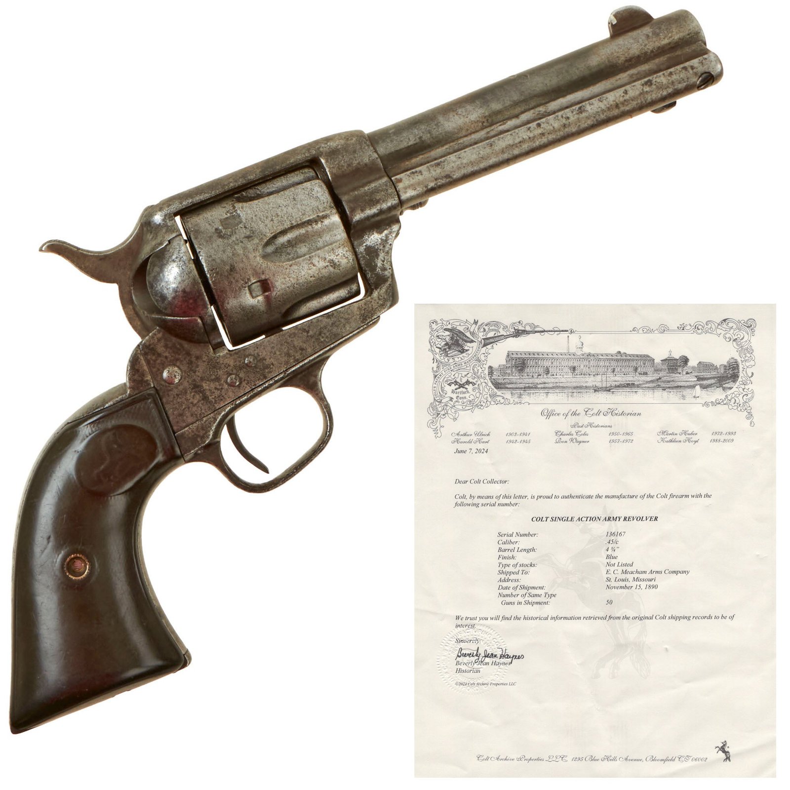 Buy Original U.S. Colt .45cal Single Action Army Revolver Made in 1890 with 4 ¾" Barrel and Factory Letter - Matching Serial 136167 | Original Firearms Antique For Sale