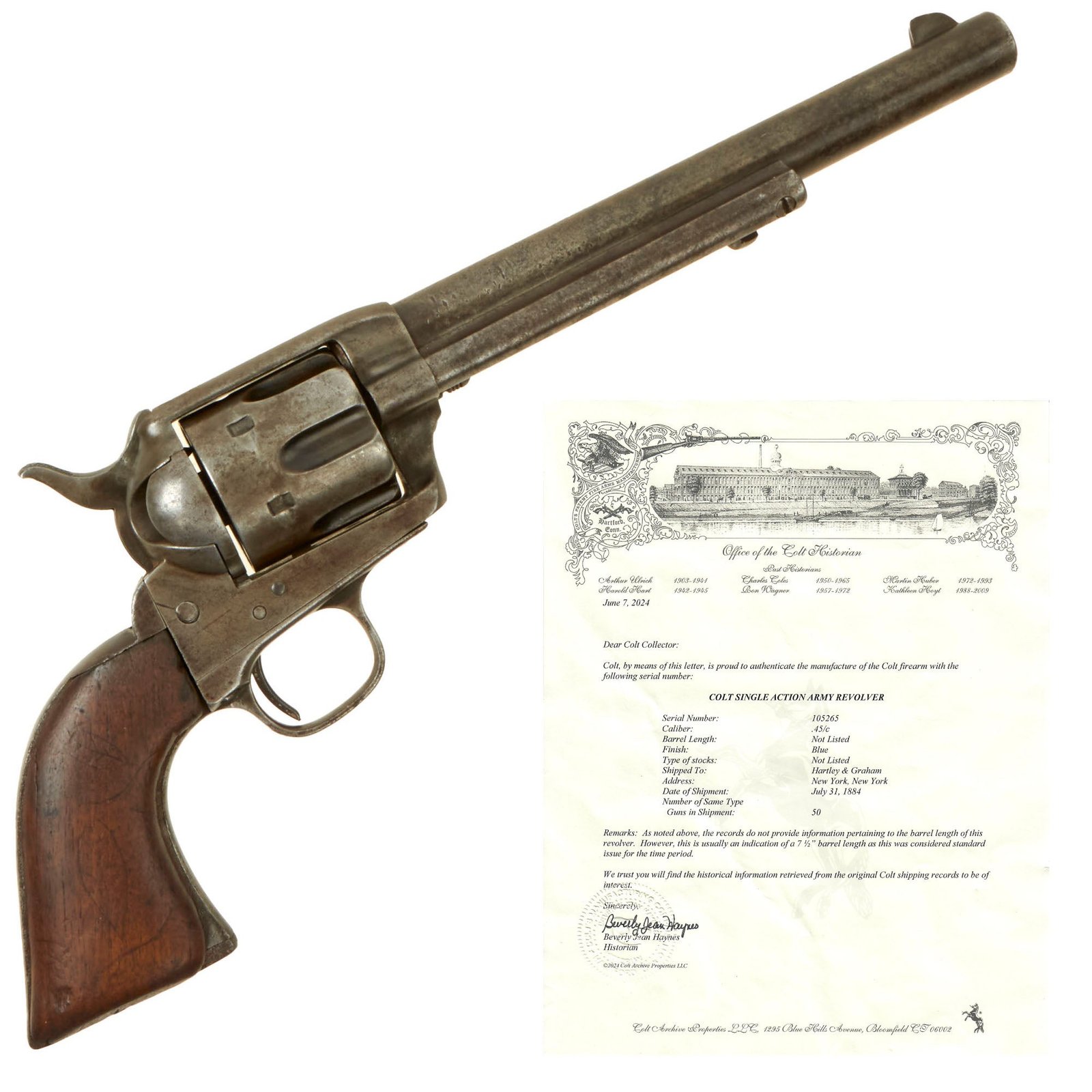 Buy Original U.S. Colt .45cal Single Action Army Revolver Made in 1884 with 7 ½" Barrel and Factory Letter - Serial 105265 | Original Firearms Antique For Sale