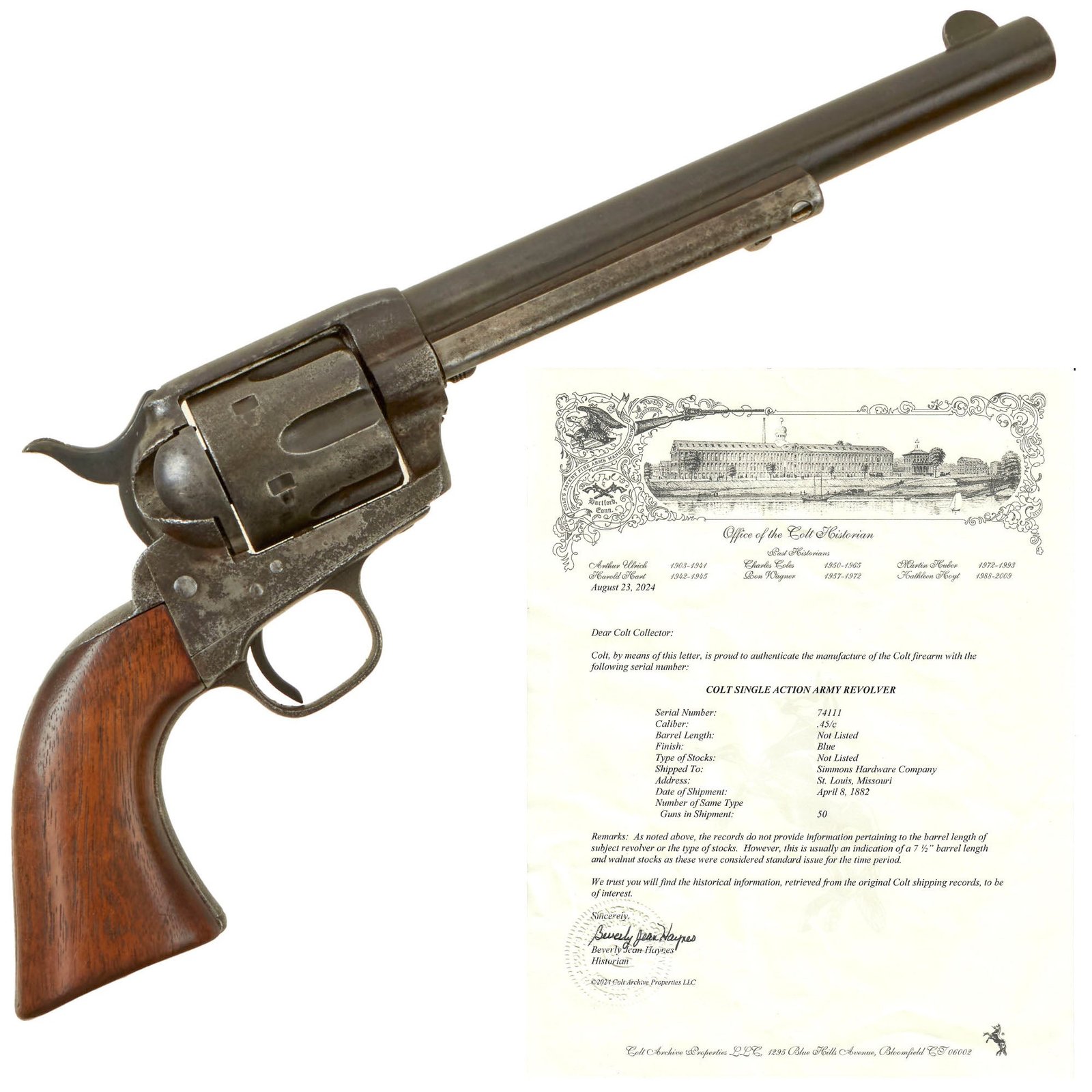 Buy Original U.S. Colt .45cal Single Action Army Revolver Made in 1882 with 7 ½" Barrel and Factory Letter - Matching Serial 74111 | Original Firearms Antique For Sale