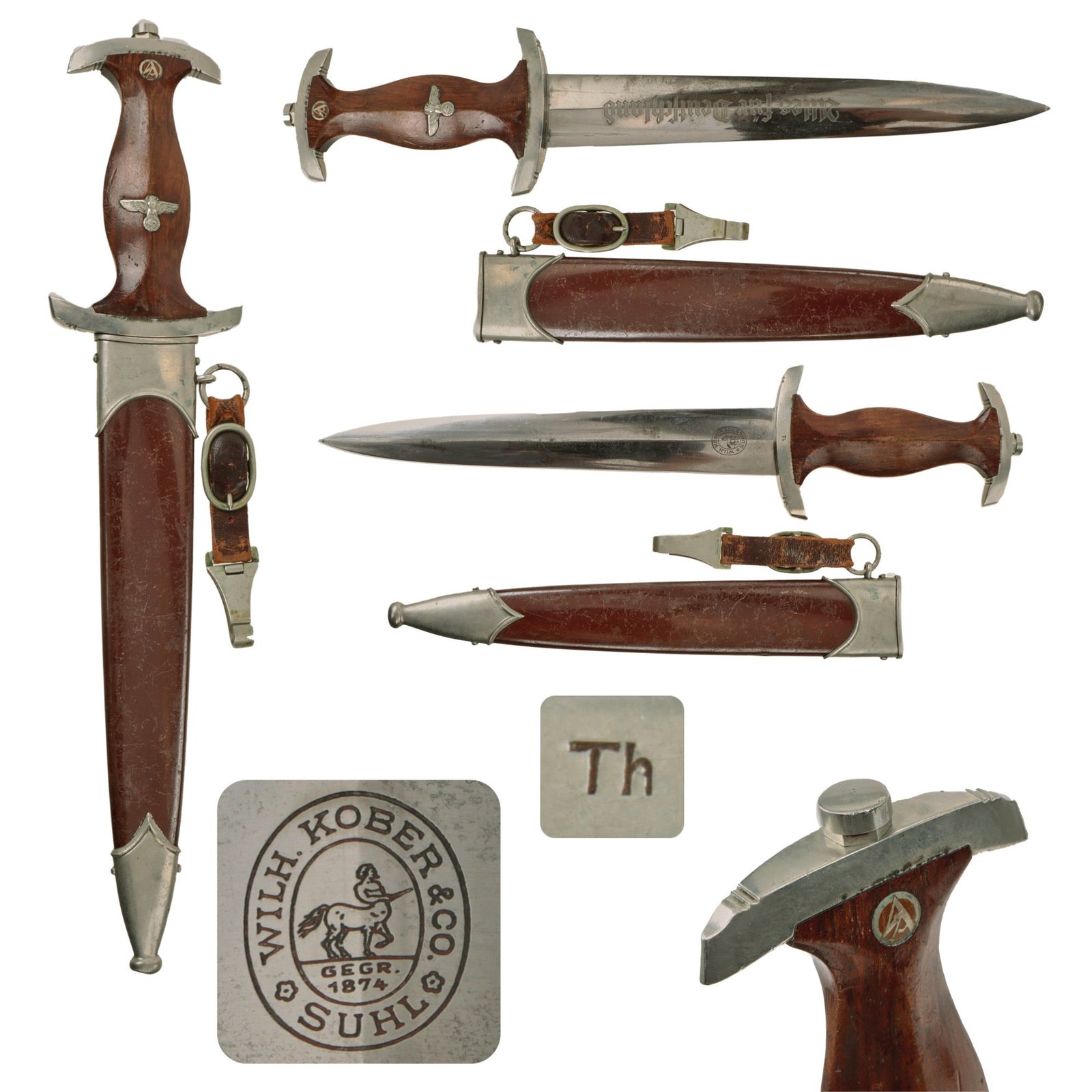 Original German Early WWII SA Dagger by Rare Maker Wilhelm Kober of Suhl with Scabbard and Hanger