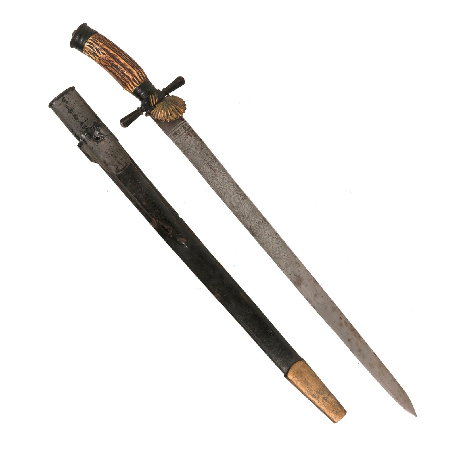 Buy Original German WWI Era Hirschfänger Stag Handle Triple Etched Hunting Short Sword by Clemen & Jung with Triple-Etched Skinning Knife in Scabbard | Original Firearms Antique For Sale