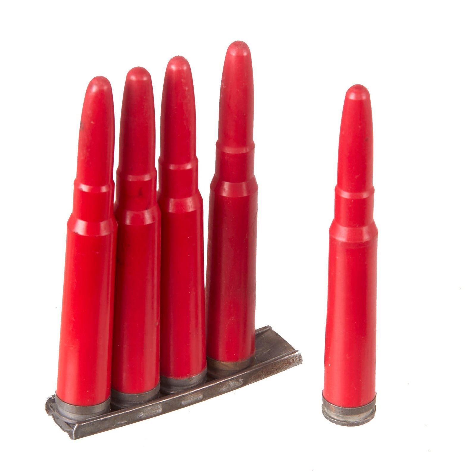 Buy Original German WWII Set of Five 8mm Mauser Red Plastic Exerzier Patronen Drill Training Rounds on Stripper Clip | Original Firearms Antique For Sale
