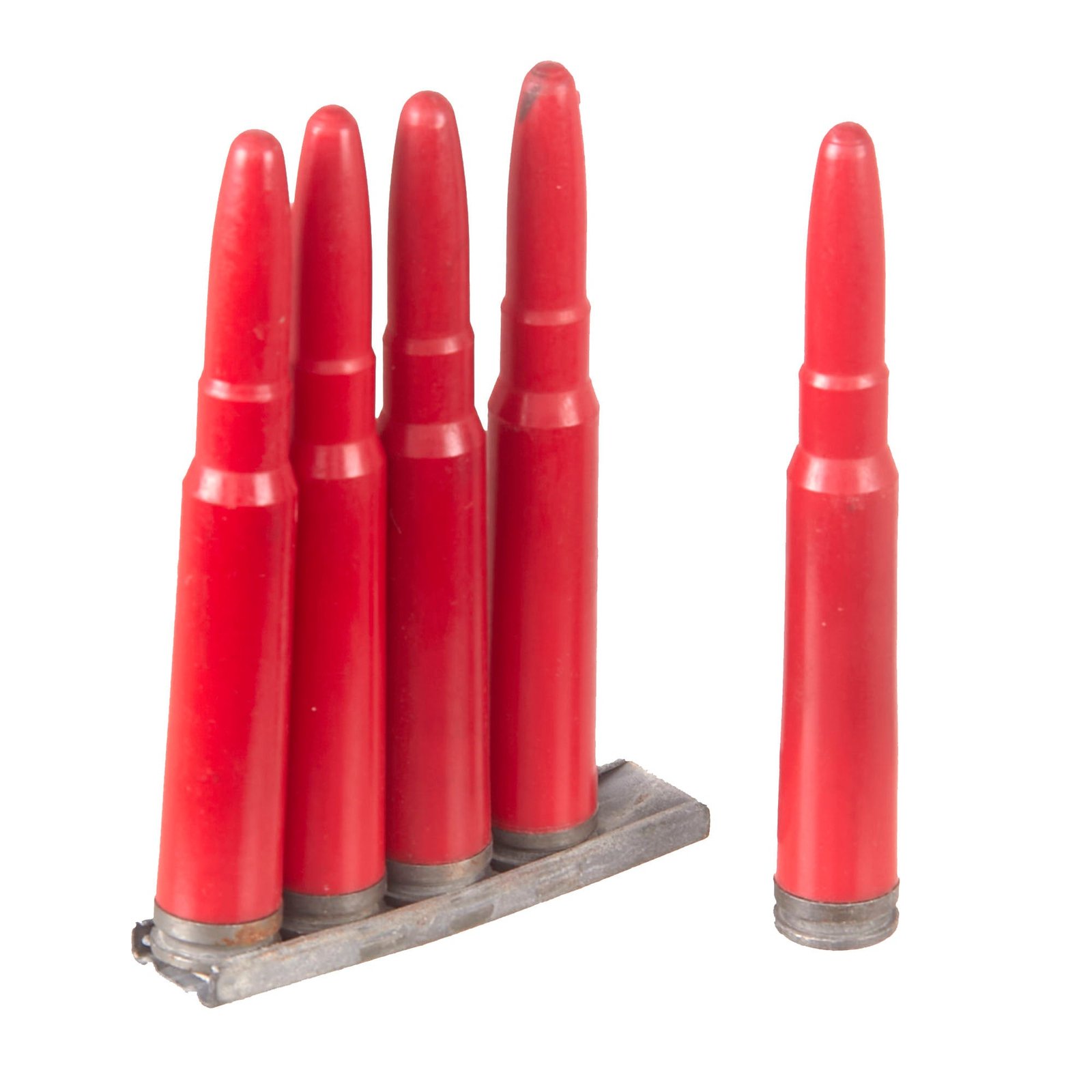 Buy Original German WWII Set of Five 8mm Mauser Red Plastic Exerzier Patronen Drill Training Rounds on Stripper Clip | Original Firearms Antique For Sale