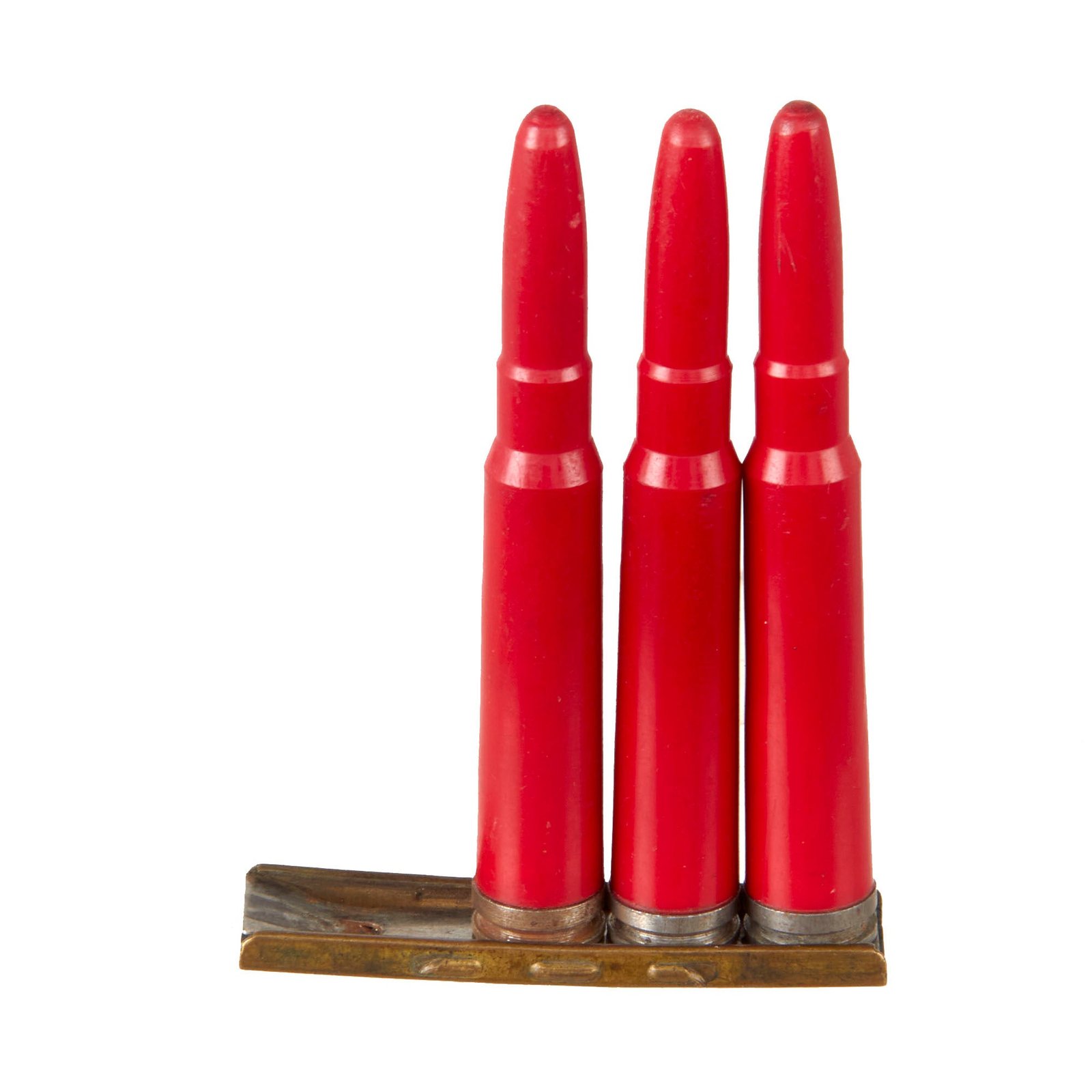 Original German WWII Set of Three 8mm Mauser Red Plastic Exerzier Patronen Drill Training Rounds on Stripper Clip