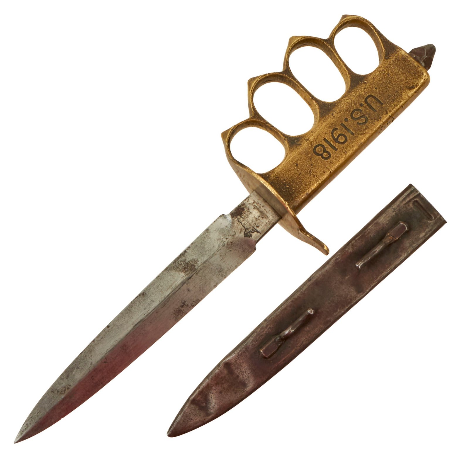 Buy Original U.S. WWI Model 1918 French Made Mark I Trench Knife by AU LION with Correct Steel Scabbard | Original Firearms Antique For Sale