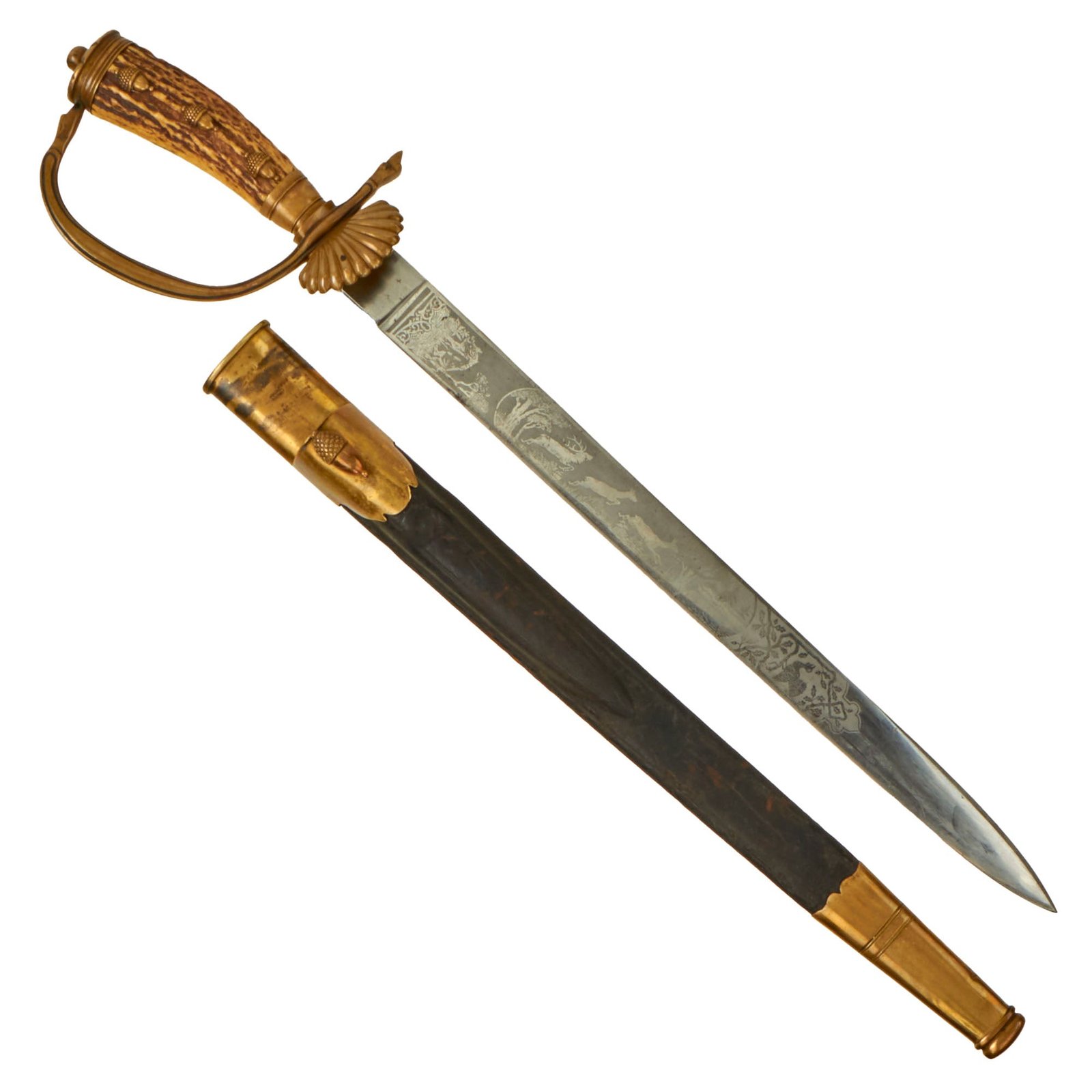 Buy Original Imperial German WWI Era Hirschfänger Stag Handle Forestry Dress Cutlass with Scabbard | Original Firearms Antique For Sale
