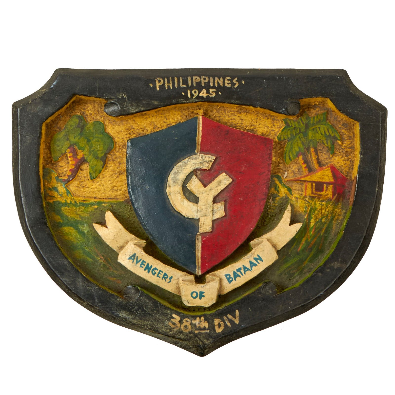 Buy Original U.S. WWII 38th Infantry Division “Avengers of Bataan” Wooden Plaque - Philippines 1945 | Original Firearms Antique For Sale