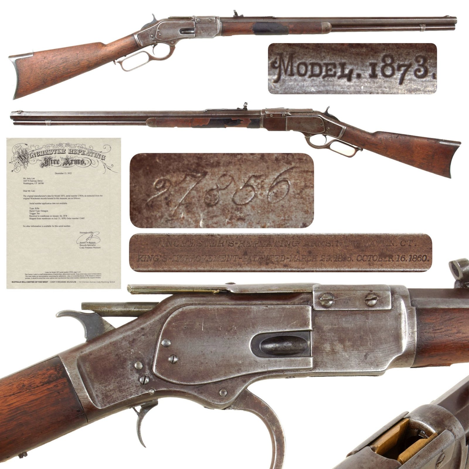 Original U.S. Winchester Rare "Open Top" Model 1873 .44-40 Repeating Rifle Made in 1878 with Custom Dust Cover, Research, and Factory Letter - Serial 27856