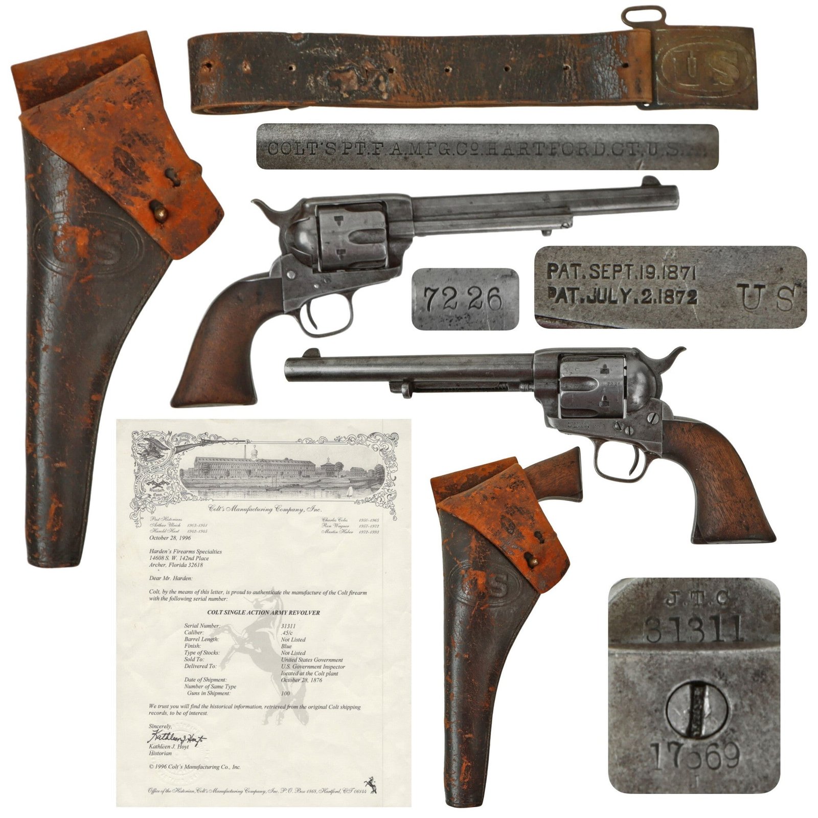 Original U.S. Surcharged Artillery Model Colt .45cal Single Action Army 7 1/2" Barrel Revolver Made in 1876 with Period Belt, M1881 Holster, and Factory Letter - Serial 31311