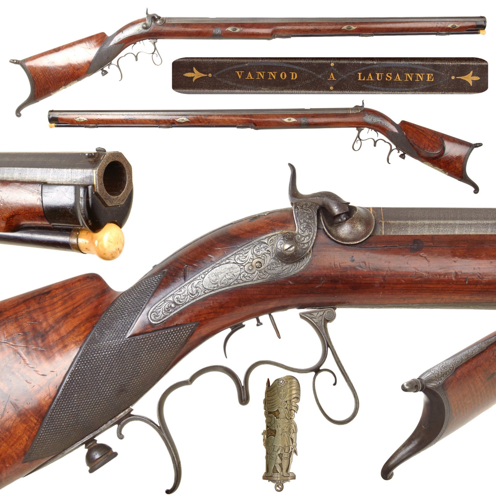 Original Swiss Ornate Schützen Target Rifle by Vannod of Lausanne with Set Trigger and Burl Wood Stock - Circa 1850