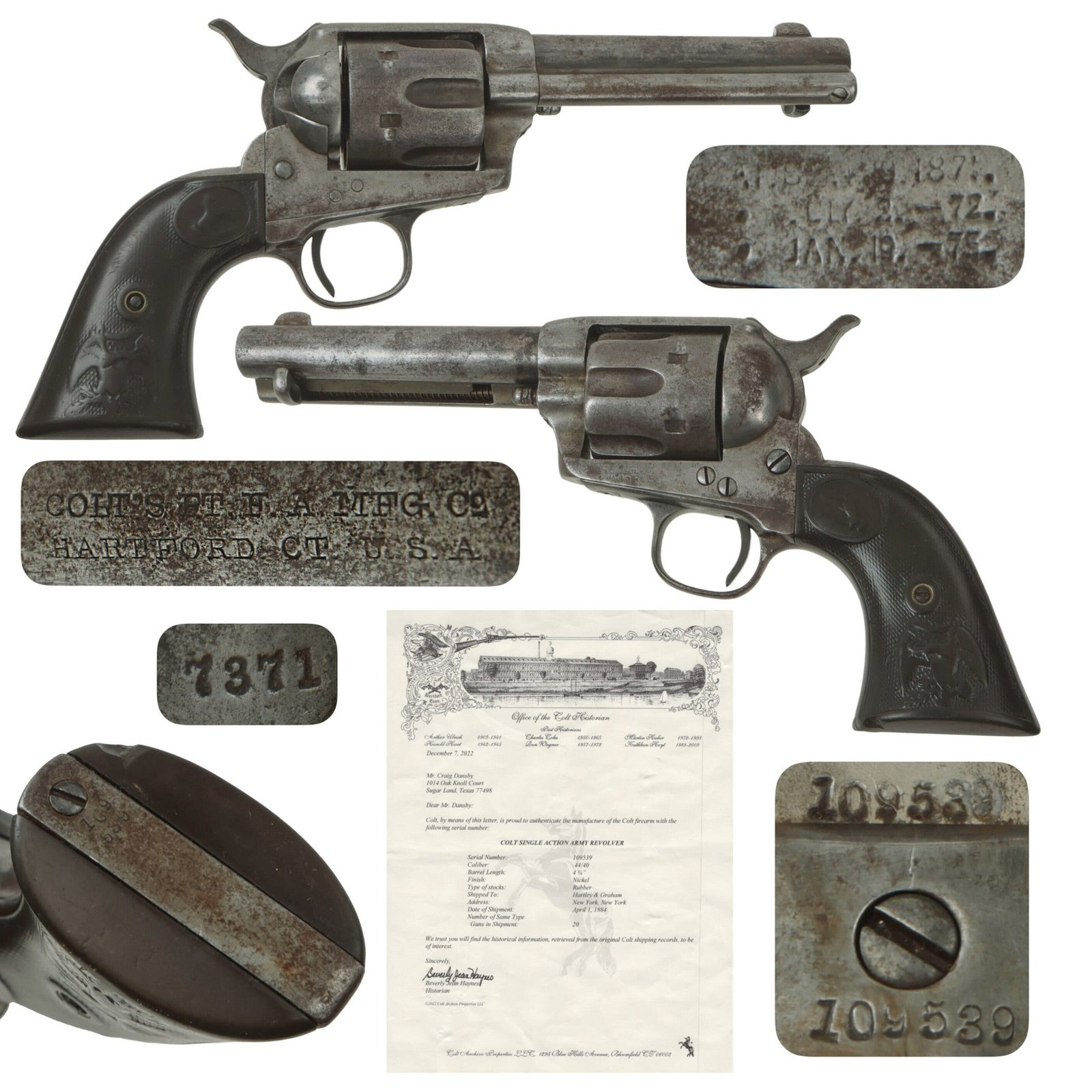 Original U.S. Colt Frontier Six Shooter .44-40 Revolver Made in 1884 with 4 3/4" Barrel and Factory Letter - Serial 109539