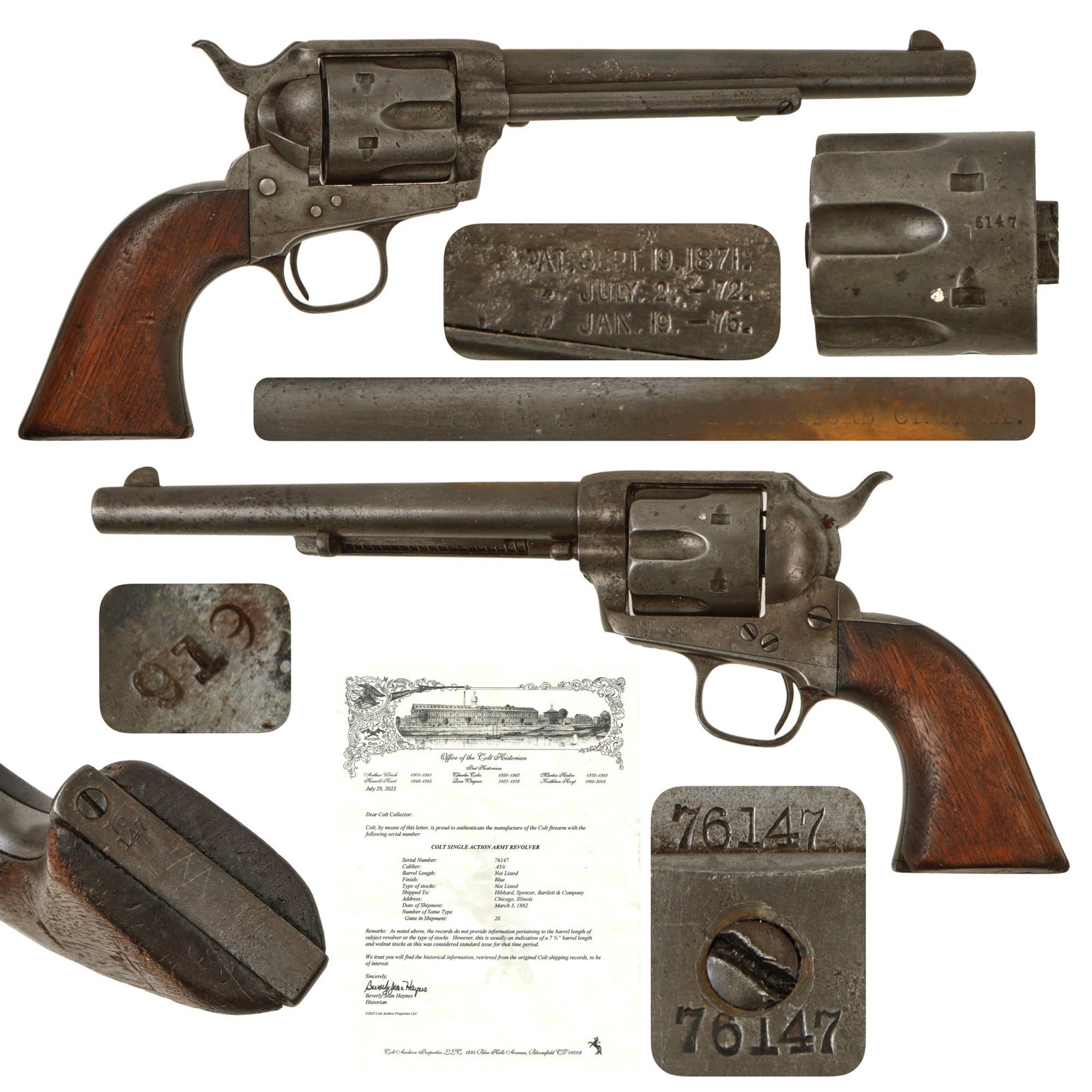 Original U.S. Colt .45cal Single Action Army SAA Revolver Made in 1882 with 7 1/2" Barrel and Factory Letter -  Matching Serial 76147
