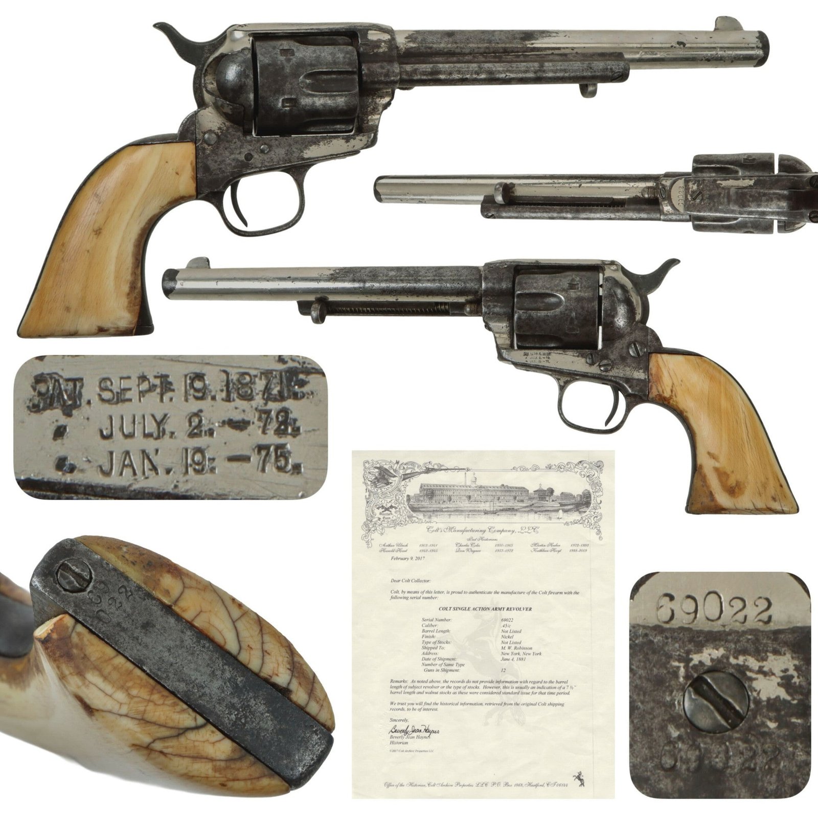 Original U.S. Colt Nickel Plated .45cal Single Action Army 7 1/2" Barrel Revolver Made in 1881 with Ivory Grip and Factory Letter - Serial 69022