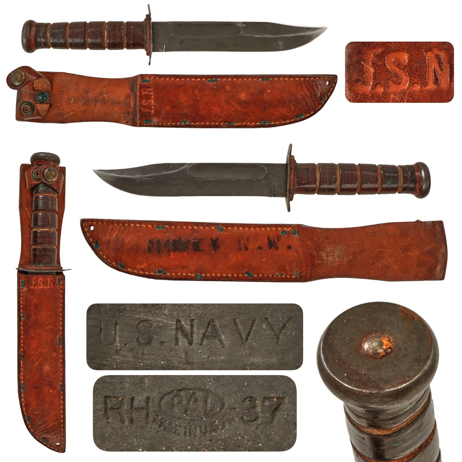Original U.S. WWII Navy Rare “Red Spacer” Mark 2 KA-BAR Fighting Knife by PAL with Leather Scabbard