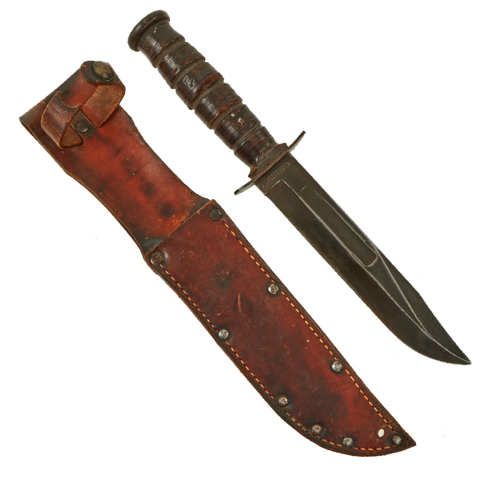 Original U.S. WWII USMC Early Blade-Marked Mark 2 KA-BAR Fighting Knife by CAMILLUS in 134th Naval Construction Battalion Named Leather Sheath
