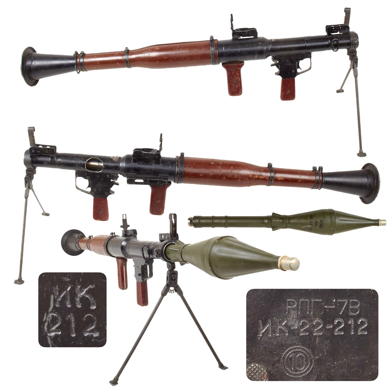 Original Soviet Bulgarian Cold War RPG-7 Rocket Propelled Grenade Inert Launcher RPG with Bipod & Inert Chinese Type 69 Rocket Round