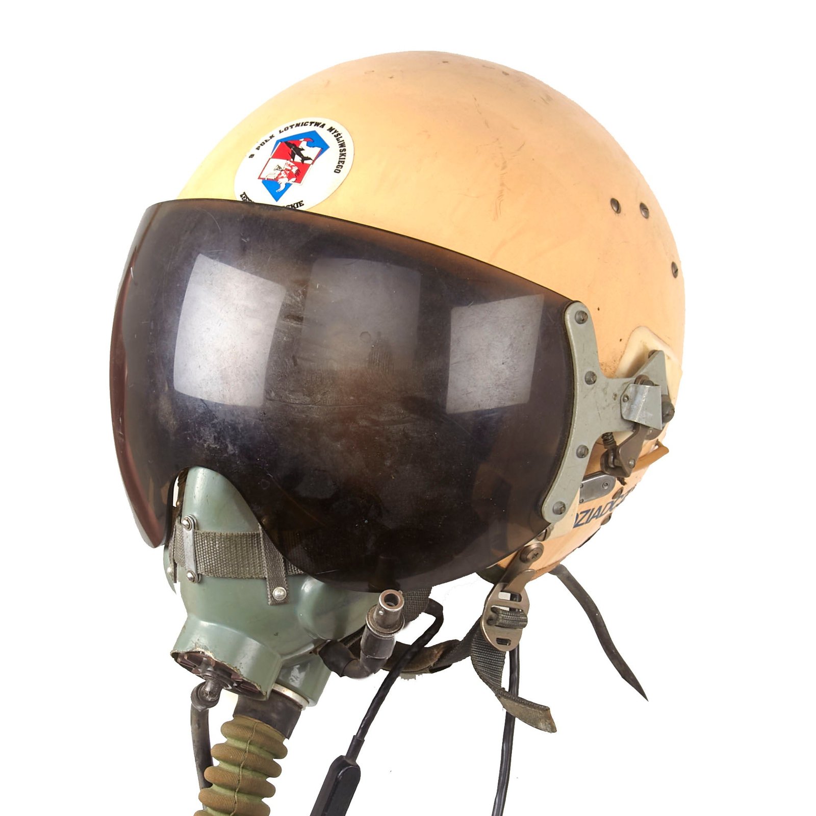 Buy Original Cold War Soviet MIG Jet Fighter Flying Helmet ZSh-5MKV2 with Oxygen Mask & Polish 9th Fighter Aviation Regiment Emblem - Dziadczykowski | Original Firearms Antique For Sale