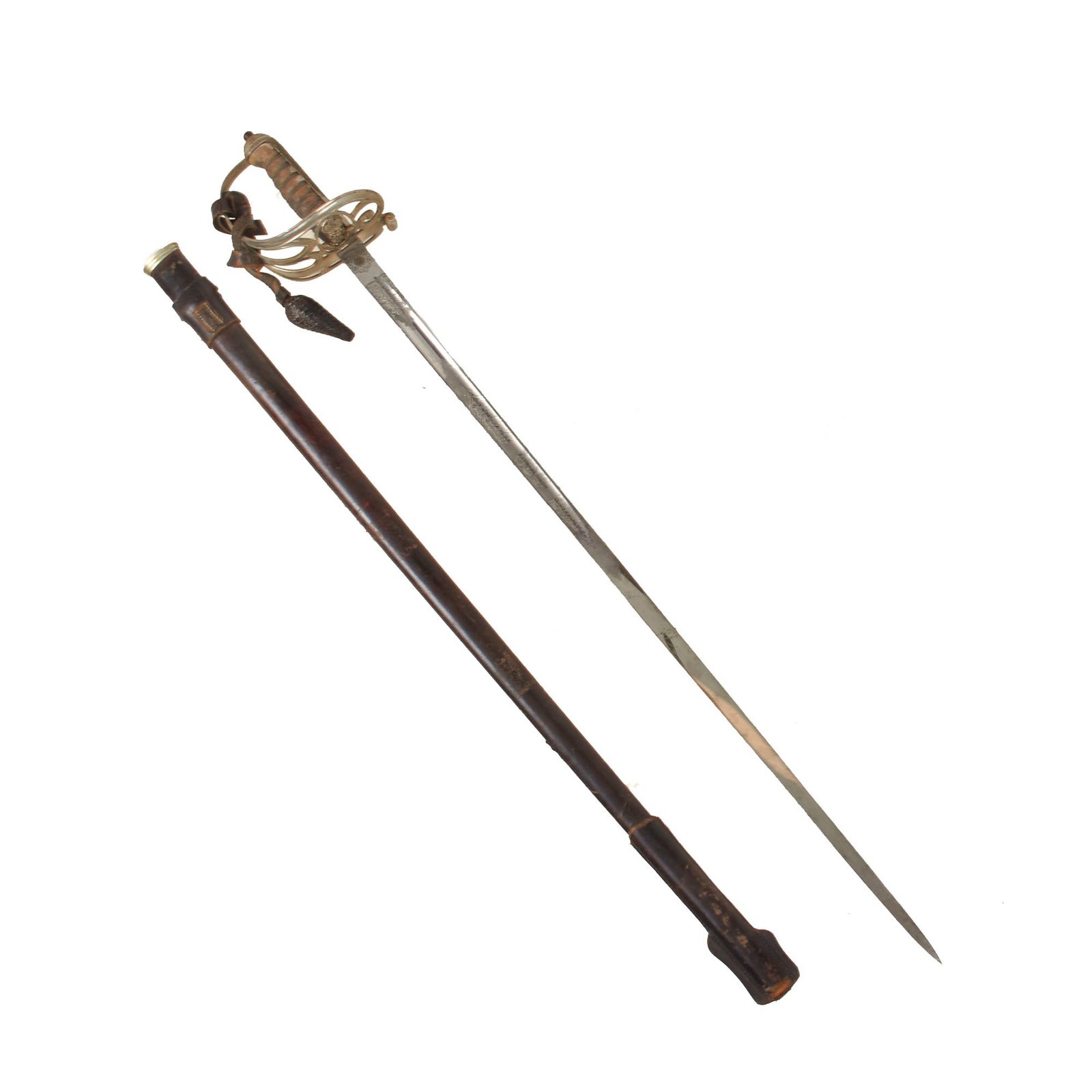 Buy Original British Pre-WWI P-1845 Infantry Regiment Nickel Plated Officer's Dress Sword with Leather-Covered Steel Scabbard & Sword Knot - Edward VII Marked | Original Firearms Antique For Sale
