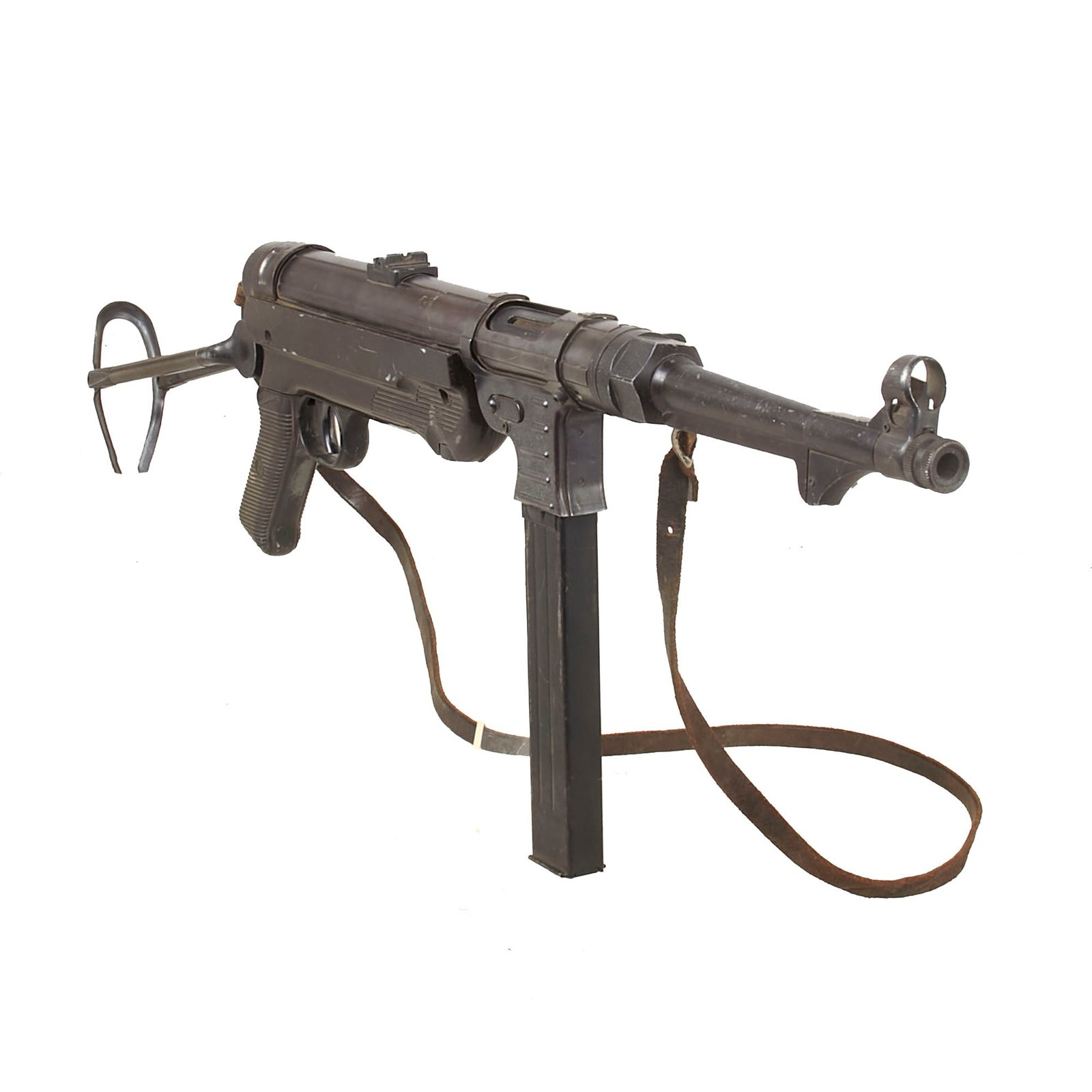 Buy German WWII Replica MP 40 Cap Plug Firing Submachine Gun with Leather Sling by MGC Japan - Magazine Button Seized | Original Firearms Antique For Sale