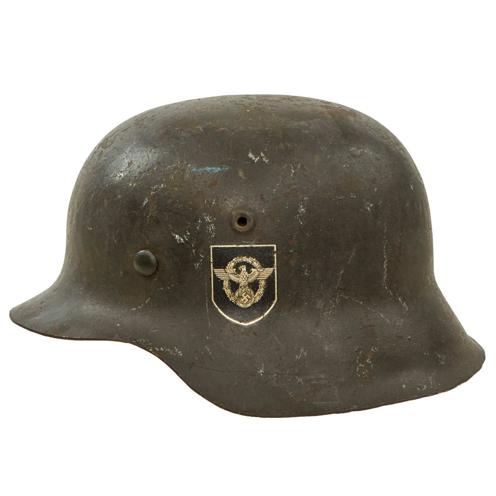 Buy Original German WWII Double Decal NSDAP Civic Police M42 Steel Combat Helmet with 1943 Dated 57cm Liner - Stamped EF64 | Original Firearms Antique For Sale
