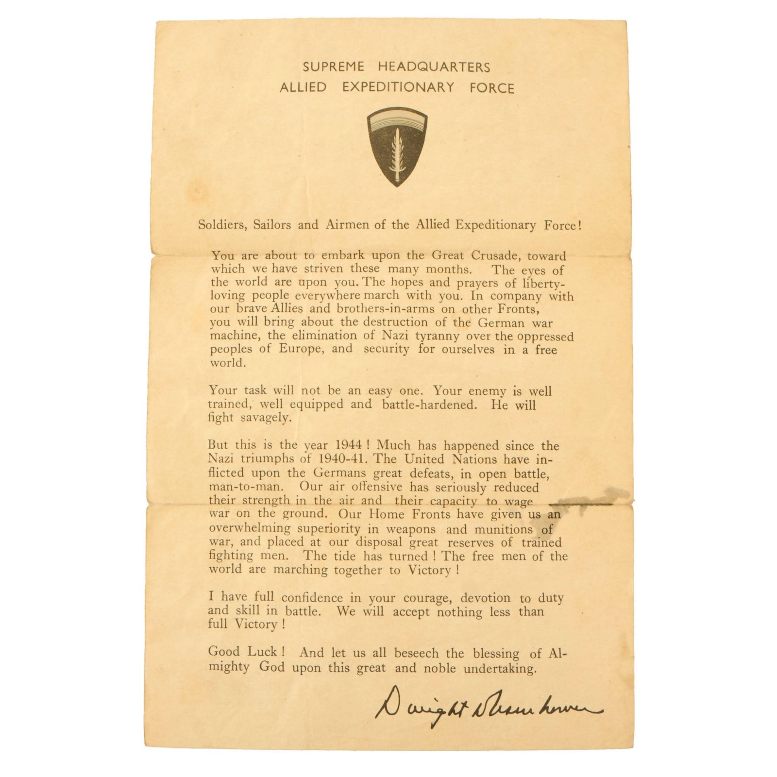Buy Original U.S. WWII SHAEF Eisenhower Letter Sent to the Troops Before D-Day | Original Firearms Antique For Sale