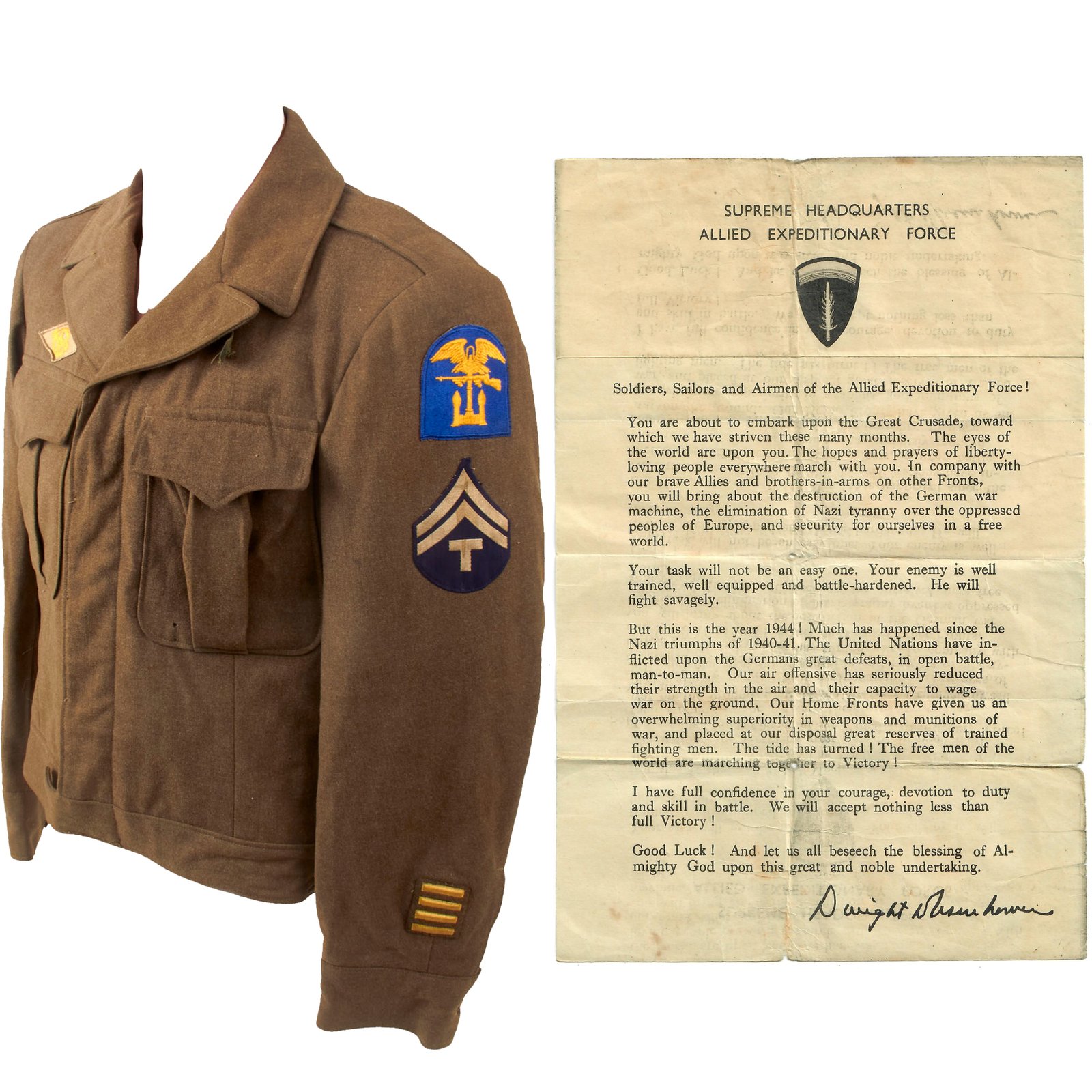 Buy Original U.S. WWII SHAEF Eisenhower Letter Sent to the Troops Before D-Day with the Engineer Special Brigade Ike Jacket in Which it was Found | Original Firearms Antique For Sale