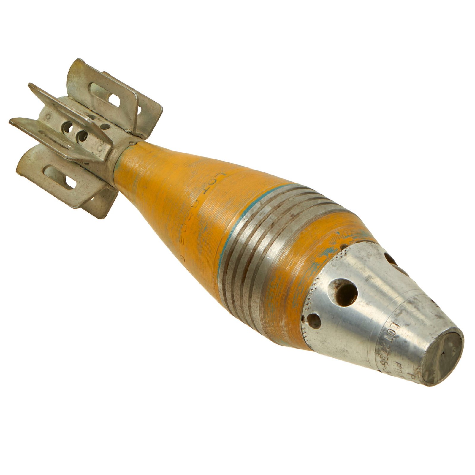 Buy Original U.S. WWII 1941-Dated M49A2 60mm Deactivated Practice Mortar Round with 1941-Dated Fuse and Later-Added Yellow Paint - Inert | Original Firearms Antique For Sale