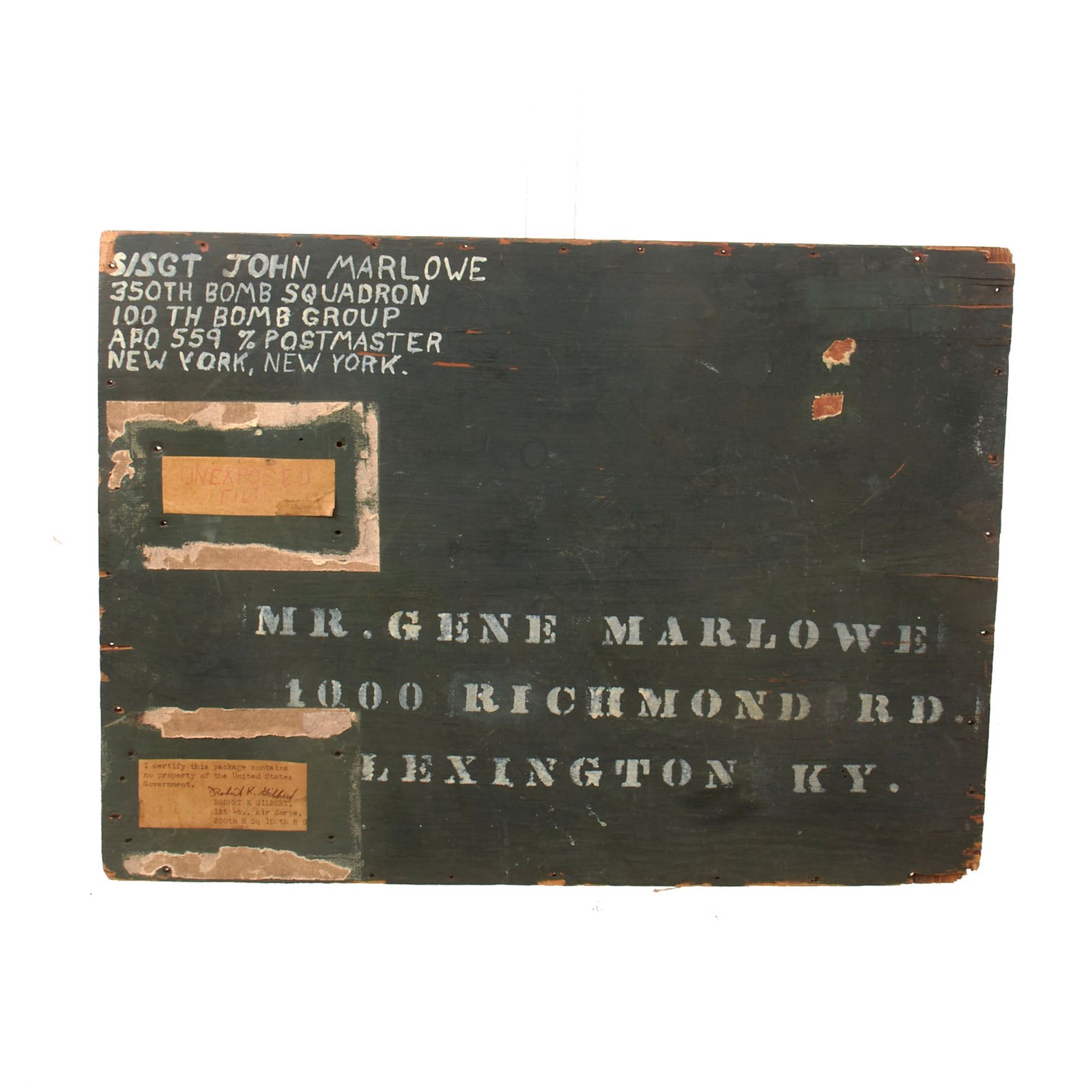 Buy Original U.S. WWII AAF Send-Home Box Lid of Aerial Gunner S/Sgt John Marlowe - Completed 25 Missions Over Germany - 350th Bomb Squadron, 100th Bomb Group | Original Firearms Antique For Sale