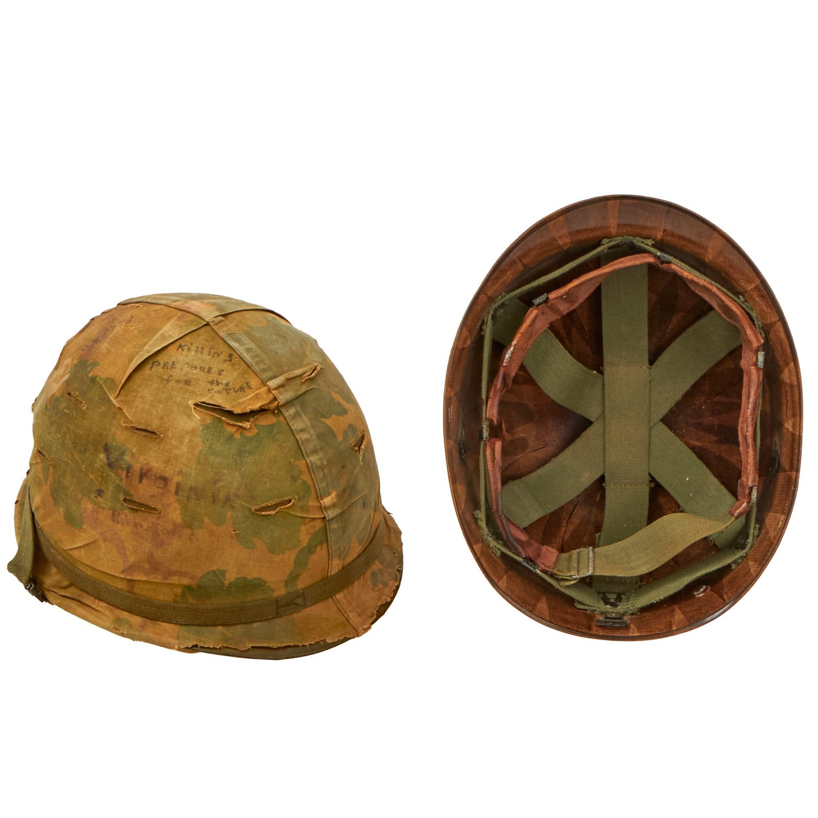 Buy Original U.S. Vietnam War “Untouched” M1 Helmet with 1964-Dated & Soldier-Inscribed Camouflage Cover and Liner - “Killing Prepares for the Future” | Original Firearms Antique For Sale