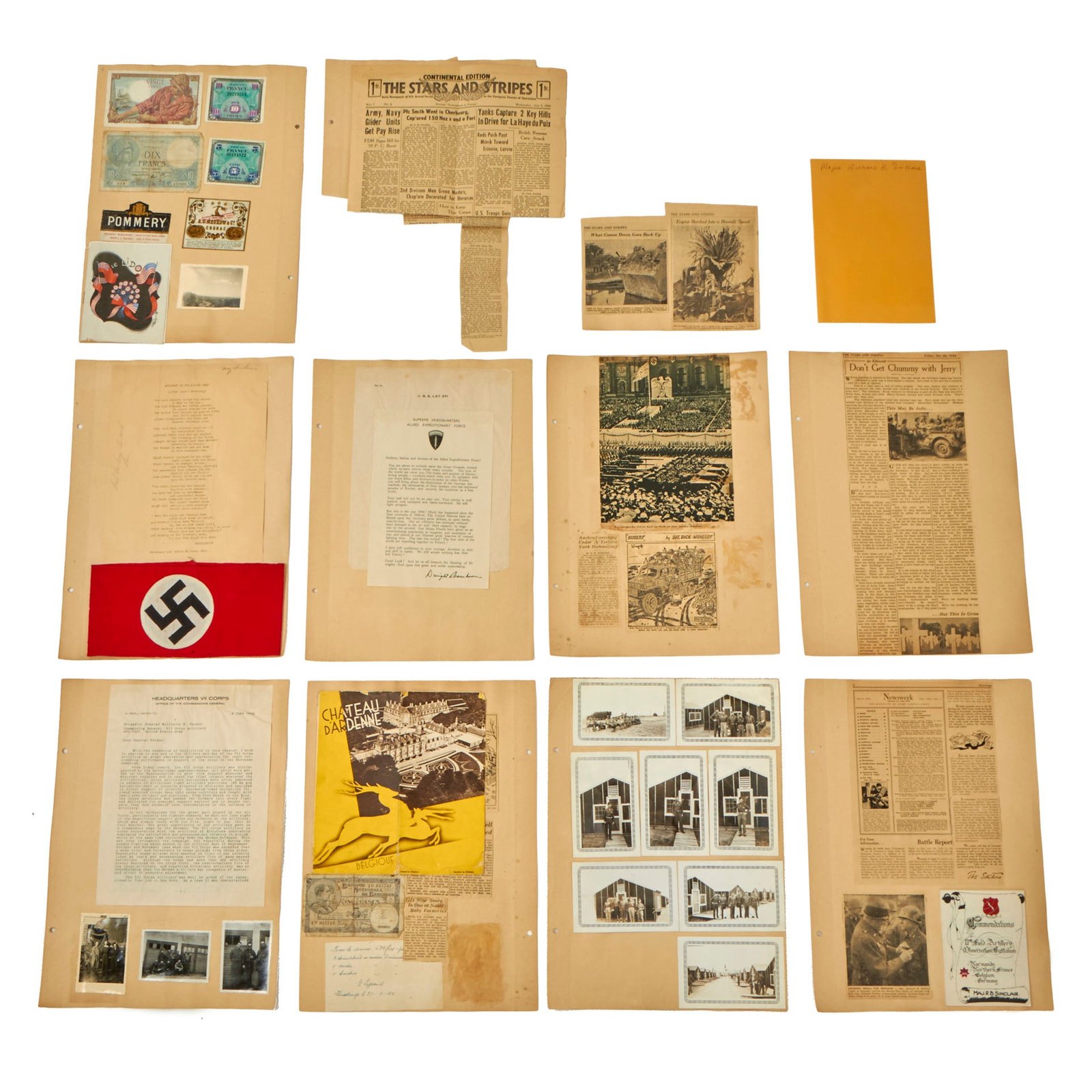 Original U.S. WWII D-Day Major Richard Sinclair Scrapbook Page Group with Eisenhower D-Day Letter Addressed to LST 371, Captured Armband, and Documents
