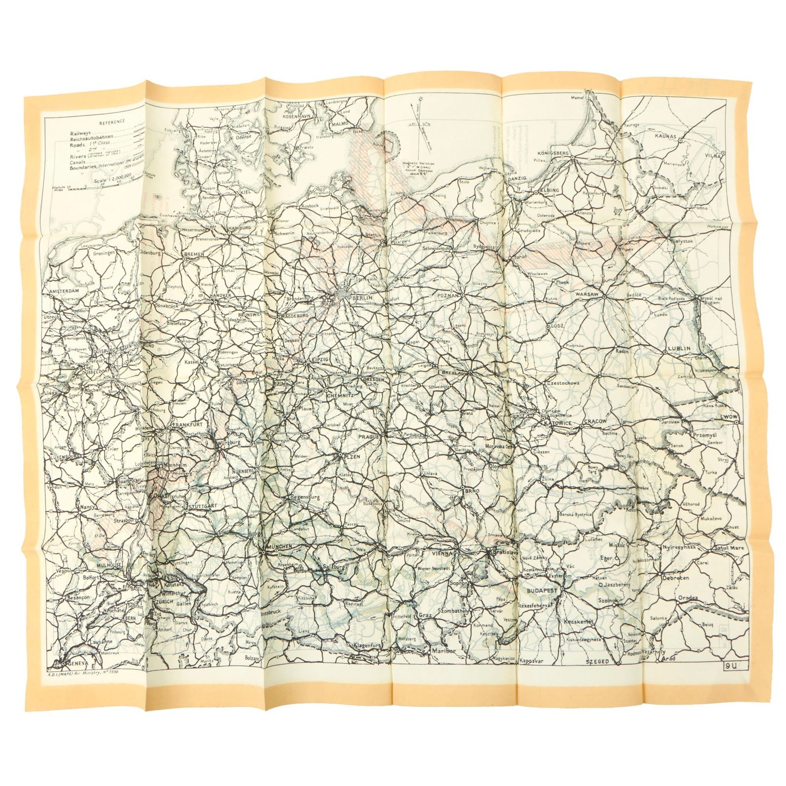Buy Original British WWII RAF Silk Double-Sided Escape Map of Germany & France - Air Ministry No. 7329 & 7330 - 15 x 18” | Original Firearms Antique For Sale