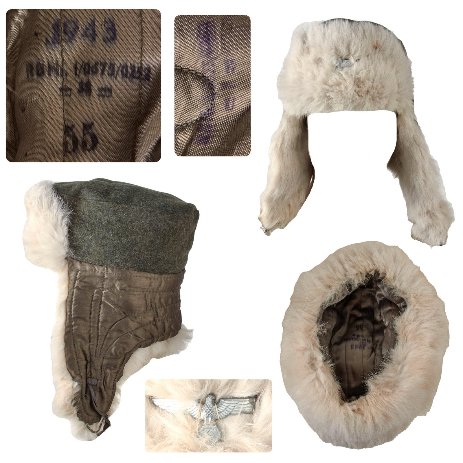 Original German WWII 1943 Dated Eastern Front Rabbit Fur Pelzmütze Winter Hat with RBNr Number - Size 55