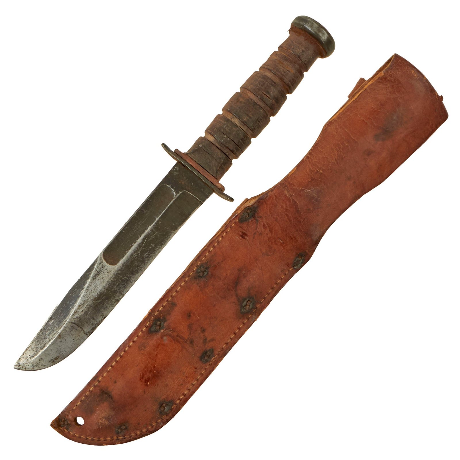 Buy Original U.S. WWII USN Patrol Bombing Squadron Mark 2 KA-BAR Fighting Knife by Robeson Cutlery with Named Leather Sheath - Pat Welsh of VPB-44 | Original Firearms Antique For Sale