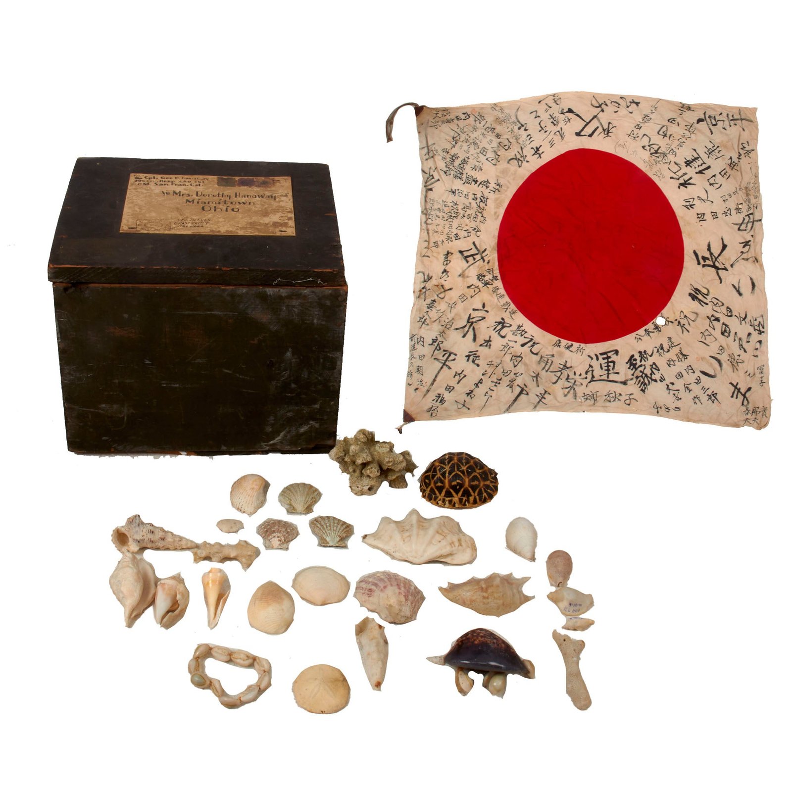 Buy Original U.S. WWII Send-Home Box with Japanese Good Luck Flag & Seashell Collection from Corporal George D. Hanaway, 29th General Hospital - Page of Flag Translations | Original Firearms Antique For Sale
