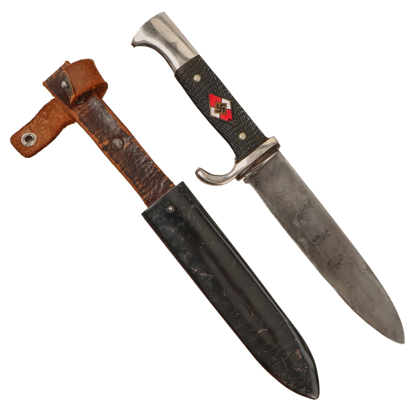 Original German WWII Early Motto-Marked HJ Knife by Rare Maker E. Knecht & Co. of Solingen with Scabbard