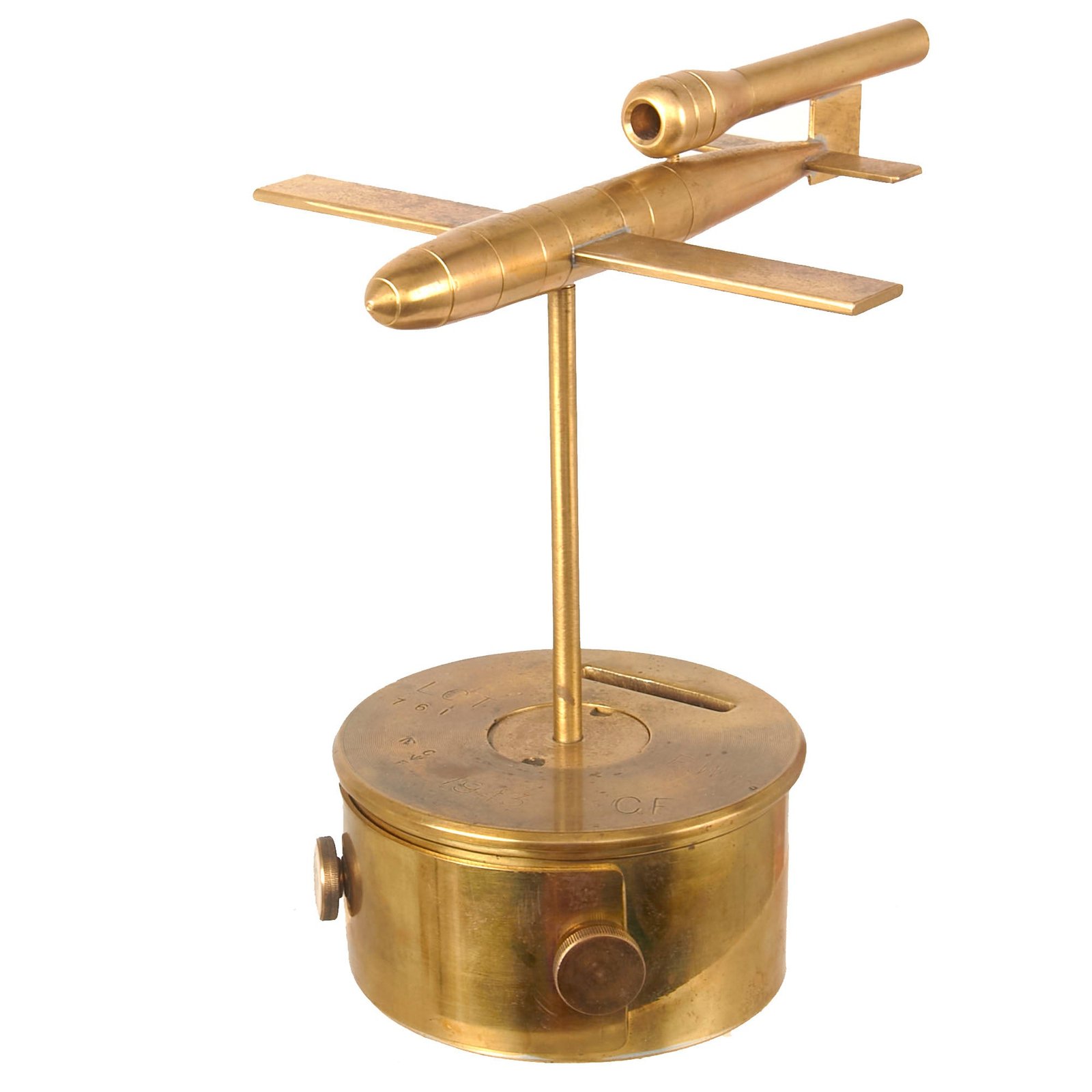 Buy Original British WWII German V1 Flying Bomb “Buzz Bomb” Trench Art on Piggy Bank Stand Made from Brass Shells | Original Firearms Antique For Sale