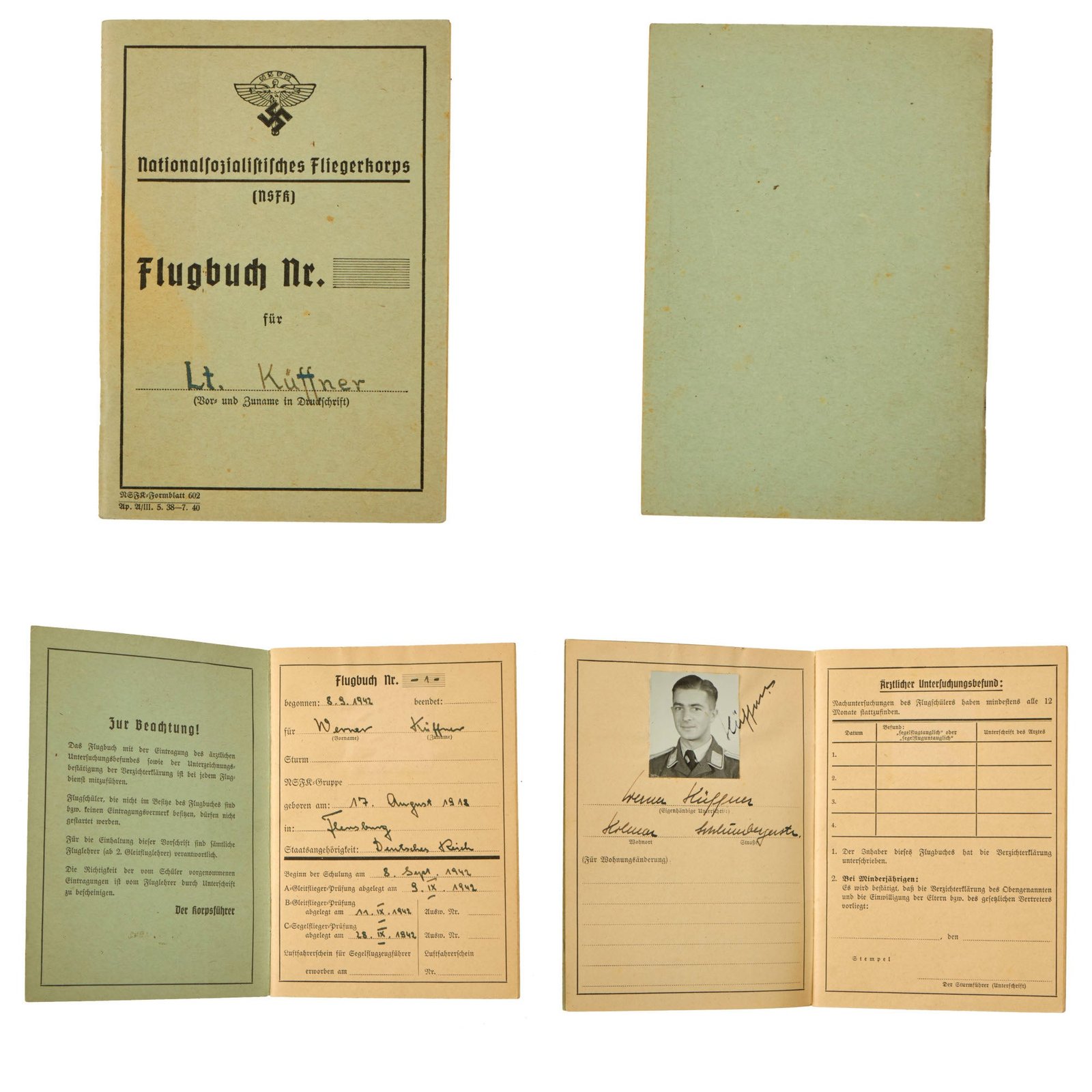 Buy Original German WWII NSFK National Socialist Flying Corps Flugbuch to MIA/KIA Pilot with Two Victories - Werner Küffner, Jagdgeschwader 27 | Original Firearms Antique For Sale