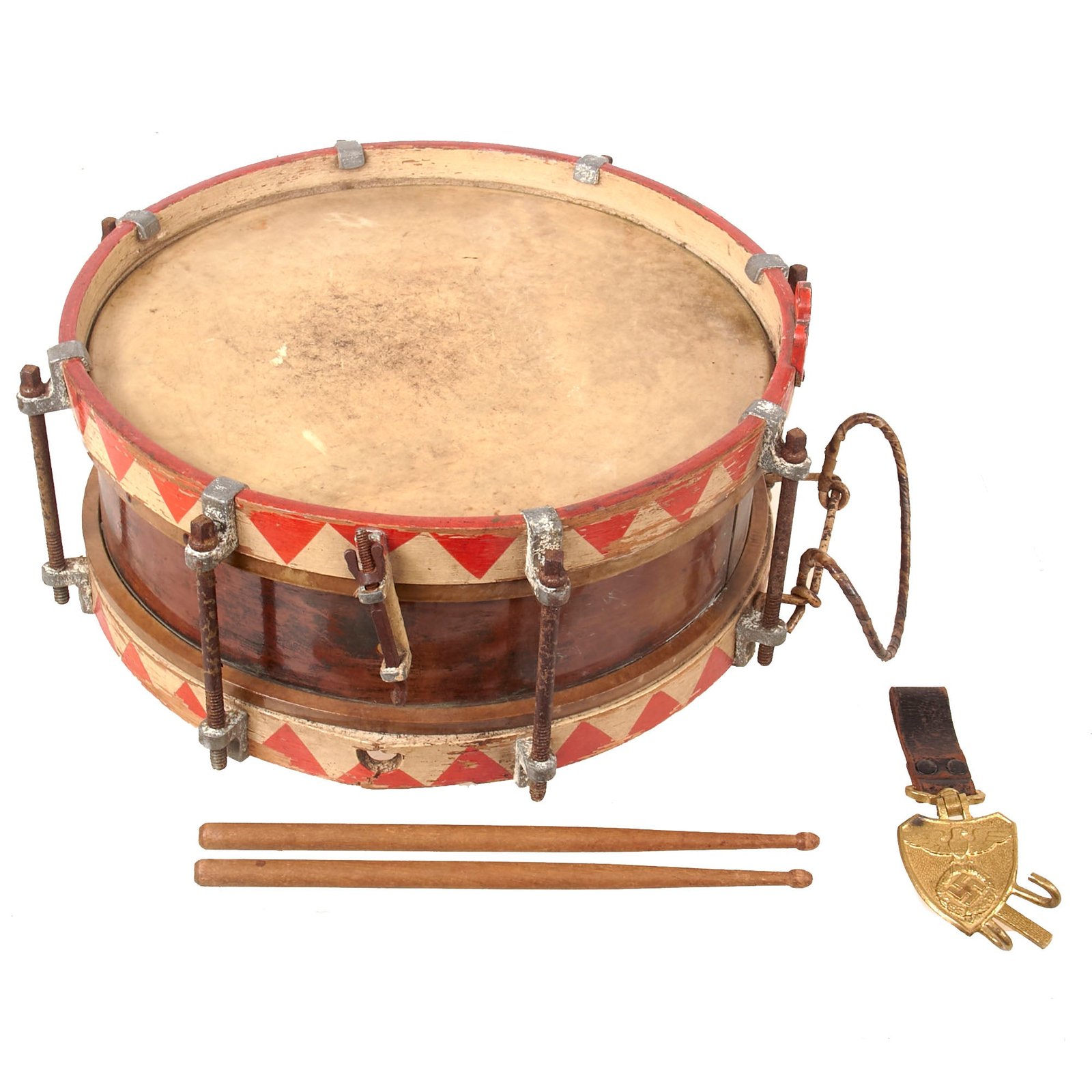 Buy Original German WWII HJ National Youth Organization 14" Metal Marching Snare Drum with Hanger & Drum Sticks - Marschtrommel | Original Firearms Antique For Sale