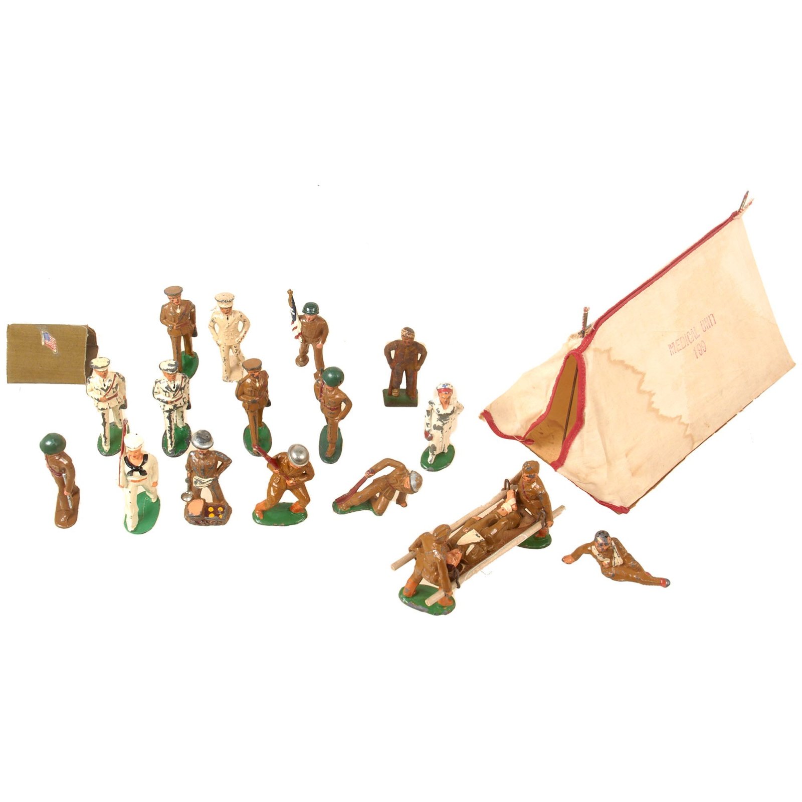 Buy Original U.S. WWI & WWII Collection of Metal Toy Soldiers - Lot of 21 Barclay Manoil & Medical Prop-Up Tent Toys | Original Firearms Antique For Sale