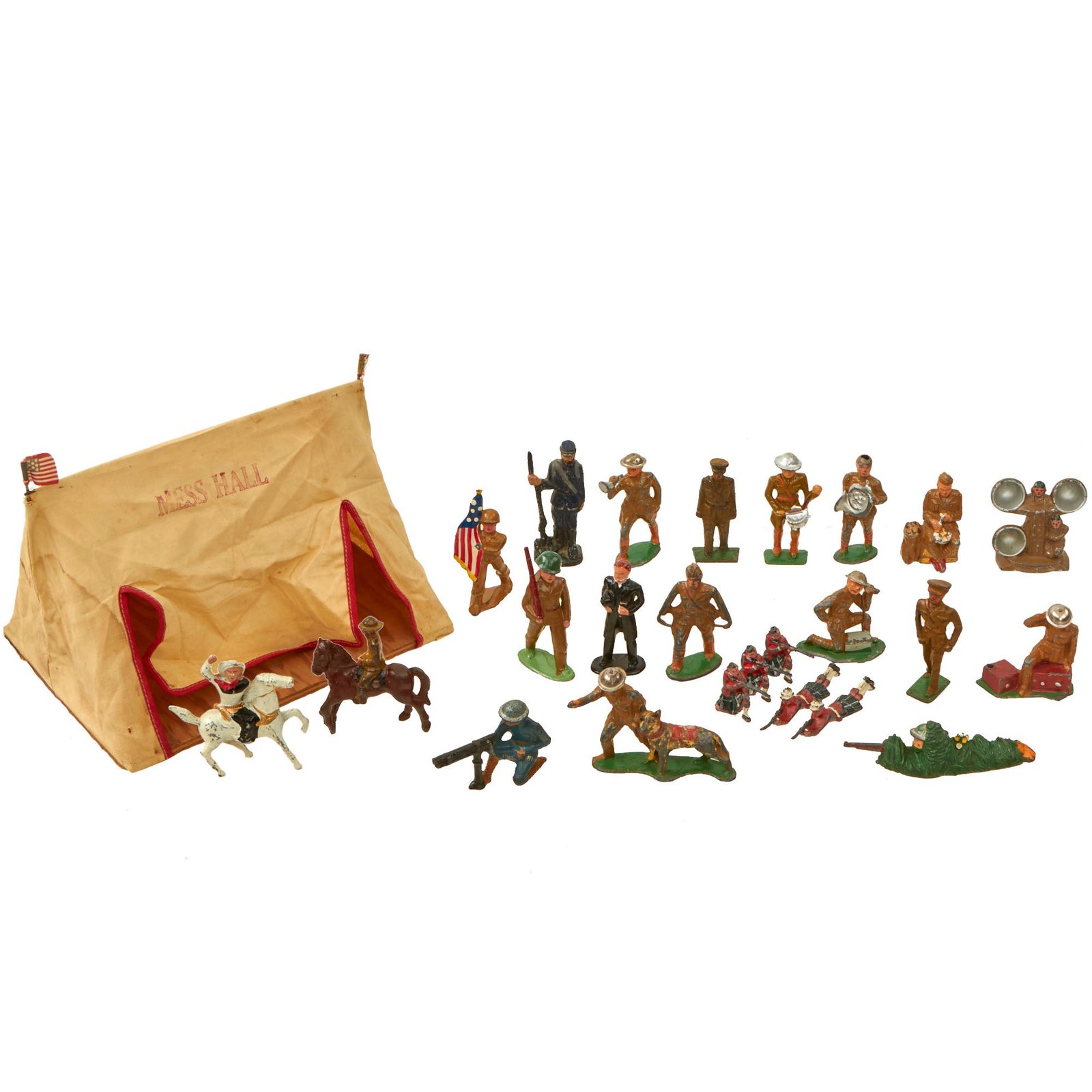 Buy Original U.S. & British WWI Era Collection of Metal Toy Soldiers - Lot of 24 Barclay Manoil Style Toys & 1 Mess Hall | Original Firearms Antique For Sale