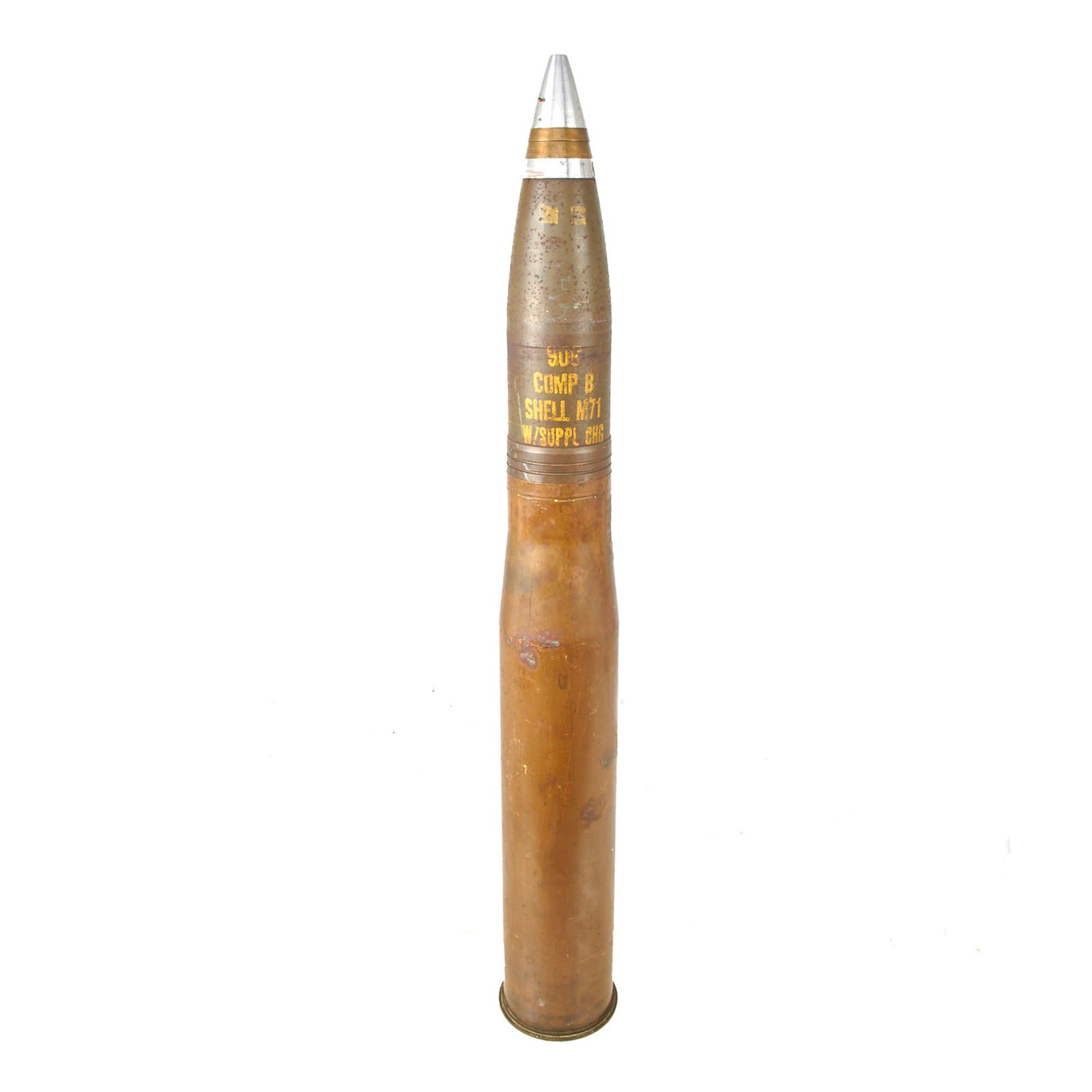 Original U.S. WWII Korean War Inert 90mm M71 High Explosive Anti-Aircraft Round in M19 Casing - Dated 1944 & 1953