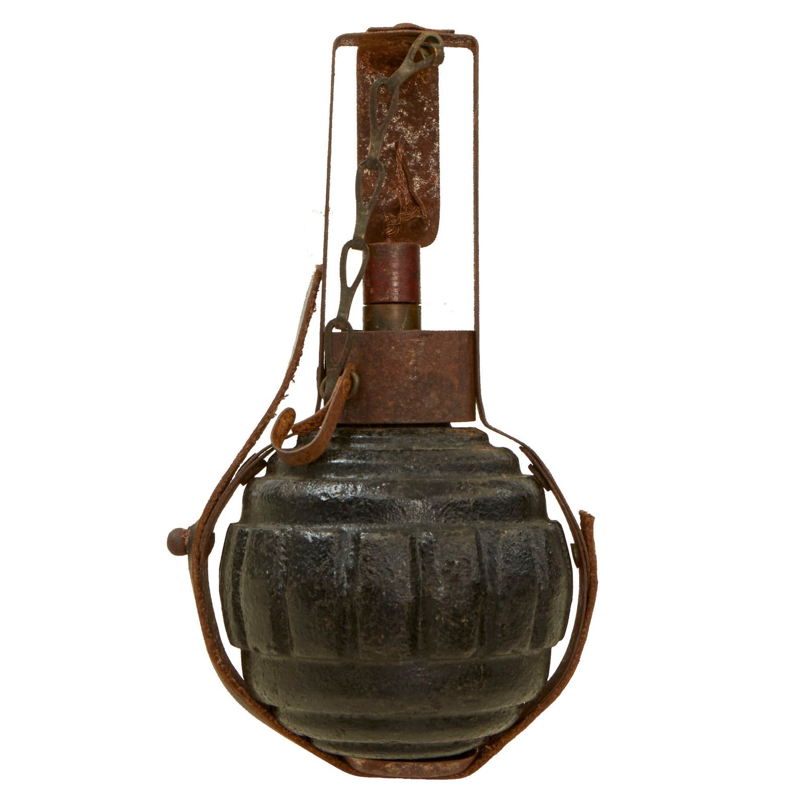 Buy Original Imperial German WWI Model 1915 n/A Ball Hand Fragmentation Inert Grenade with Aged Replica Belt Carrier - Kugelhandgranate | Original Firearms Antique For Sale