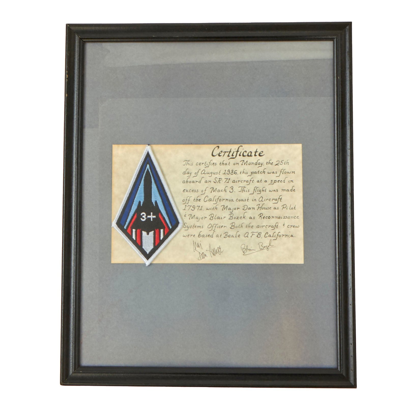 Buy Original U.S. Framed SR-71 Blackbird Patch Flown at Speed in Excess of Mach 3 - 12 x 15” | Original Firearms Antique For Sale