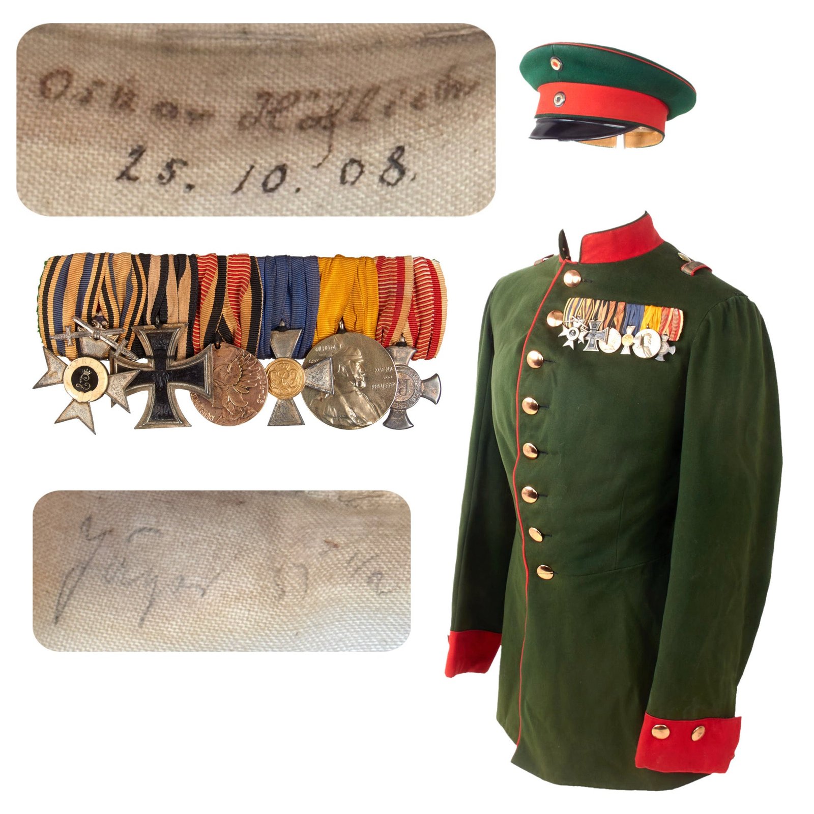 Original Imperial German Pre-WWI Named Prussian Jäger Officer Waffenrock & Dienstmütze Visor with 6-Place Medal Bar - Oscar Höflich