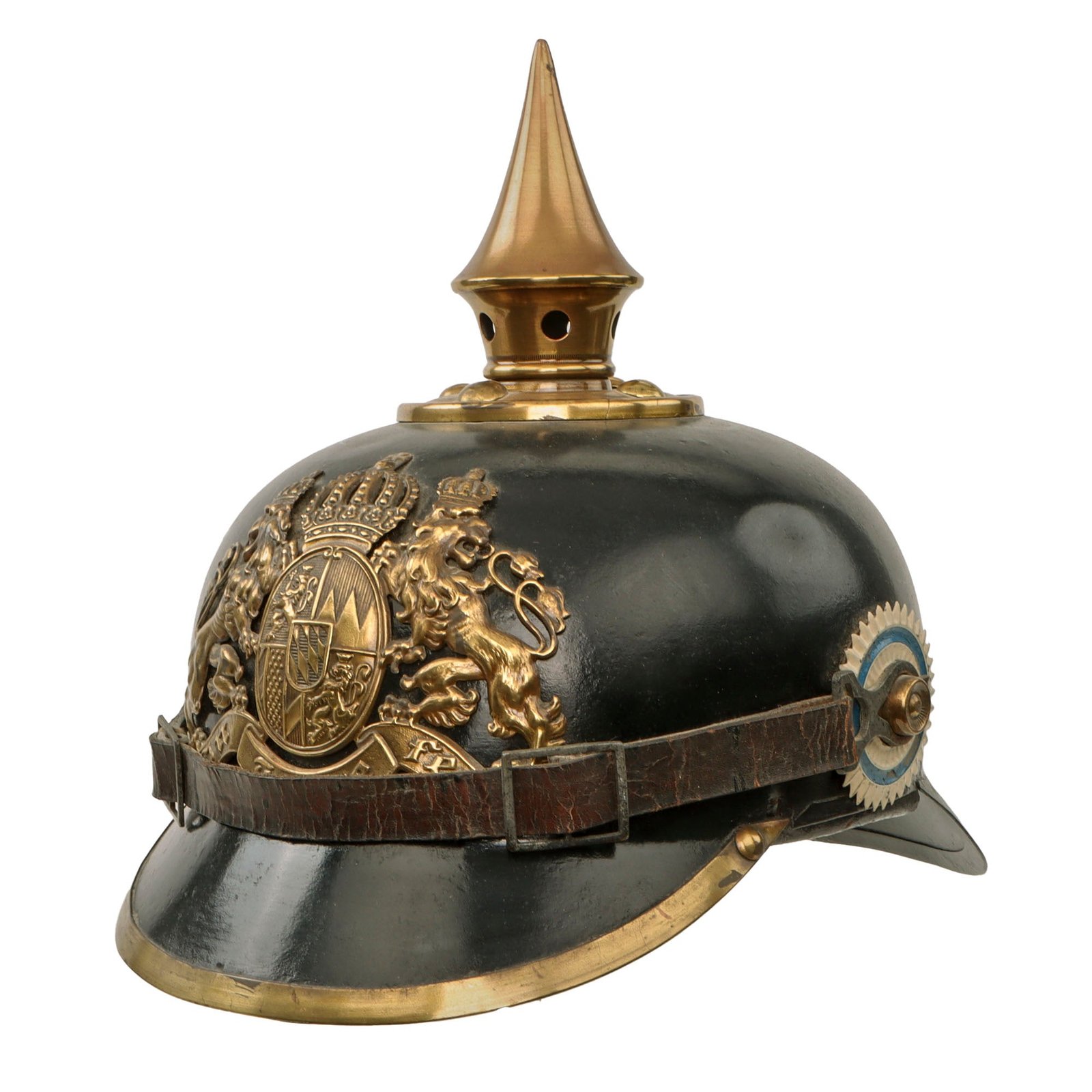 Original German WWI Bavarian Model 1914 Tin Plate Pickelhaube Helmet Repainted with Brass Components Polished & Lacquered - Eisenblech Ersatz-Helme - Likely Manufactured by Bing of Nurnberg