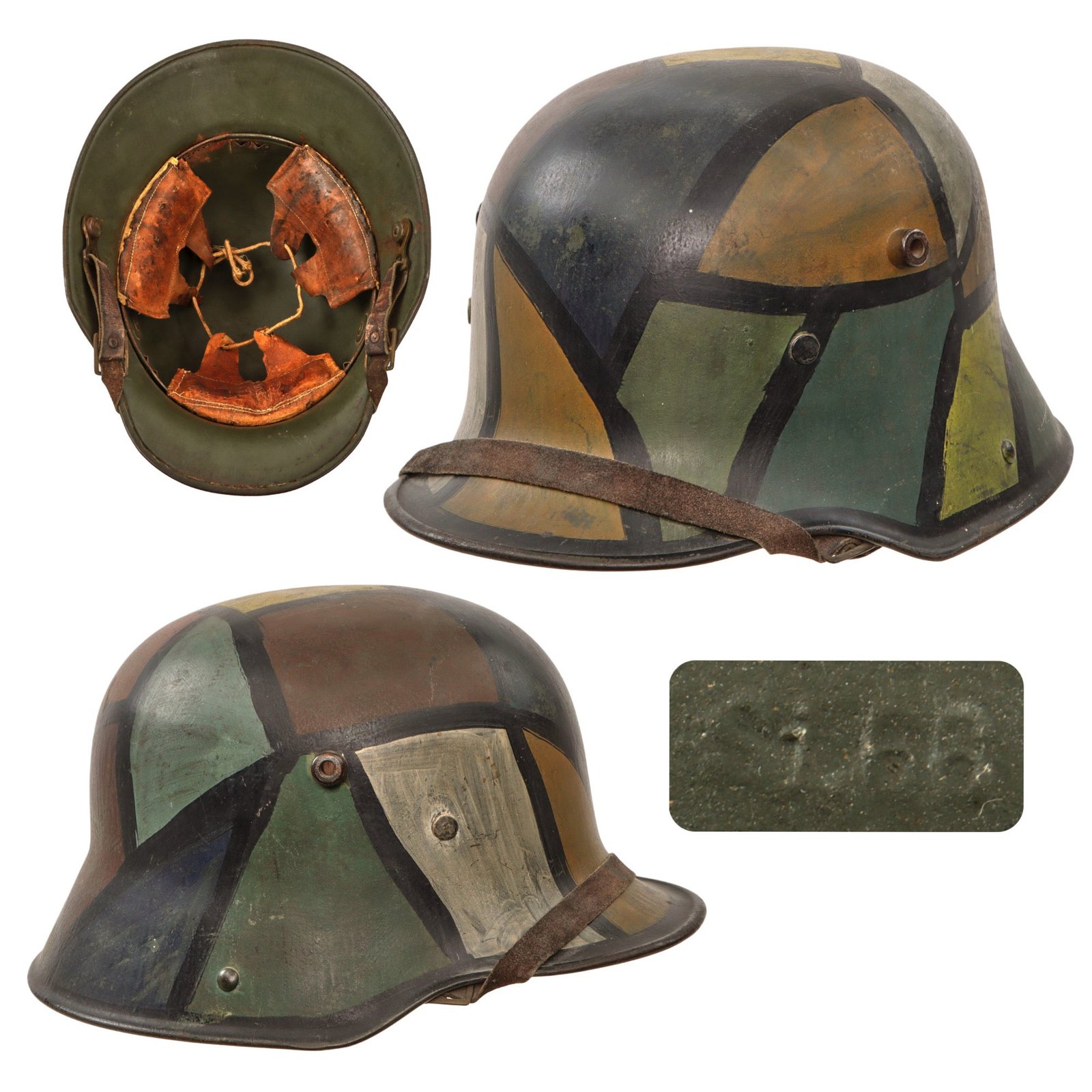 Original German WWI M16 Stahlhelm Helmet with Reproduced Panel Camouflage Paint & Original Liner - Marked Si.66