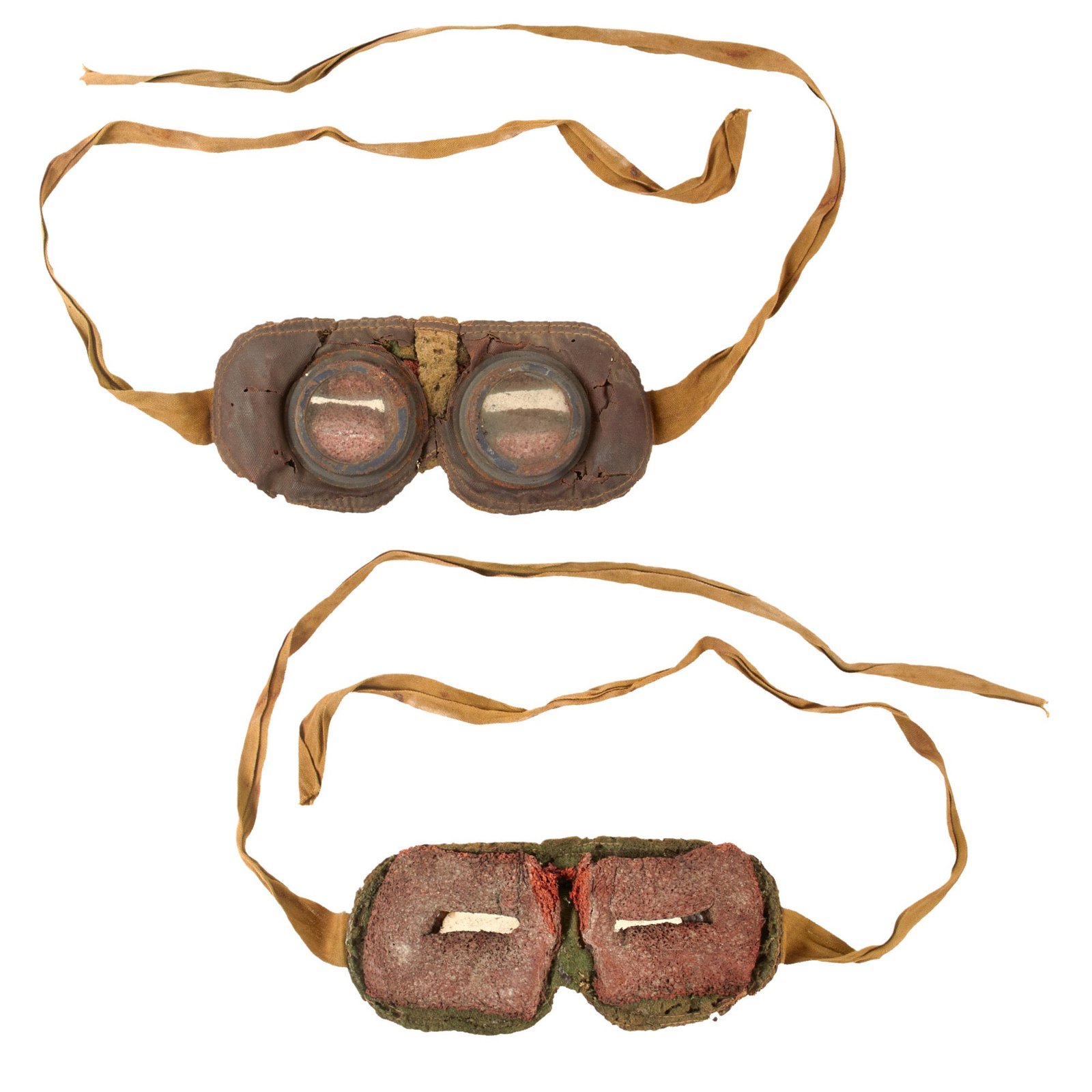 Original British WWI Anti-Gas Sponge Goggles with Canvas Tie Straps - Circa 1915