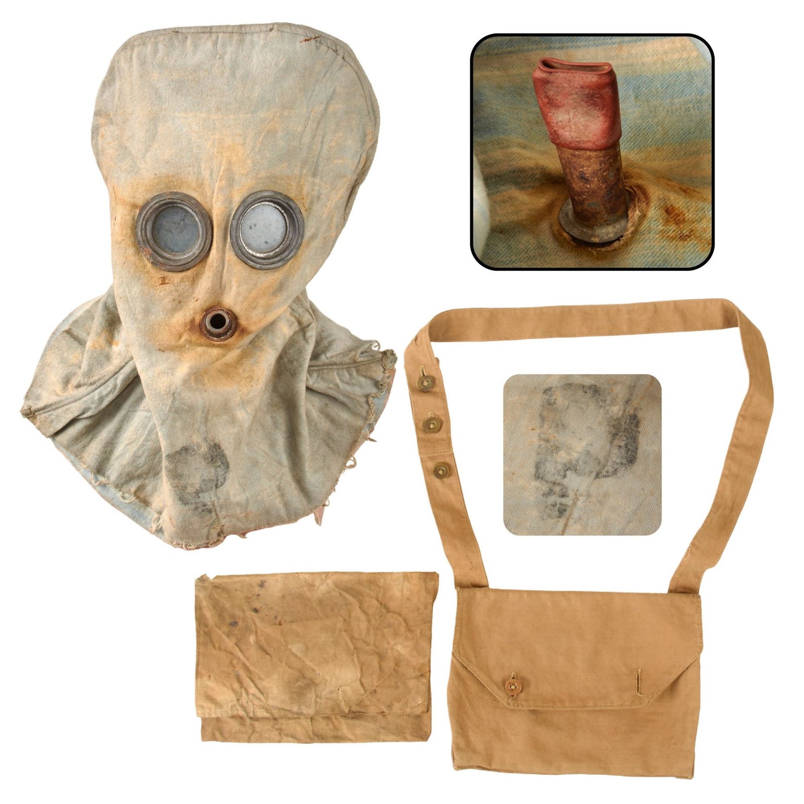 Original British WWI Extremely Scarce Early 1915 Phenate P Helmet Tube Helmet Gas Mask Hood with Original Carrying Satchel