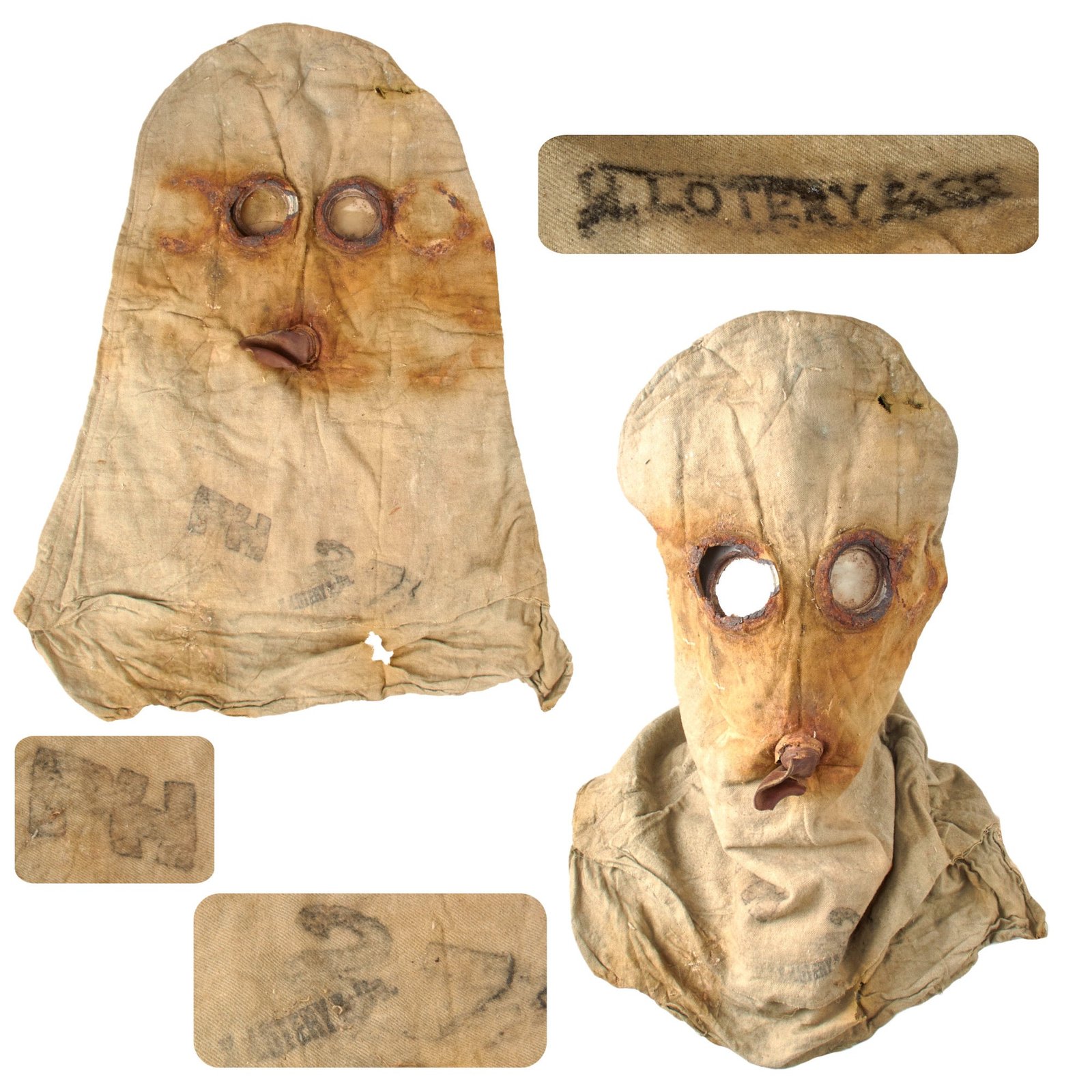 Original British WWI Extremely Scarce Early 1915 PH Helmet Gas Mask Hood with Markings and Valve by H. Lottery & Co.
